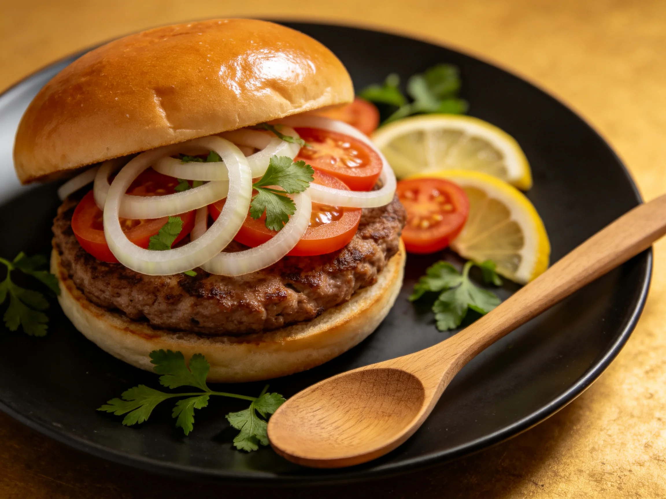 A juicy burger with tomato, onion, and lemon slices on a black plate