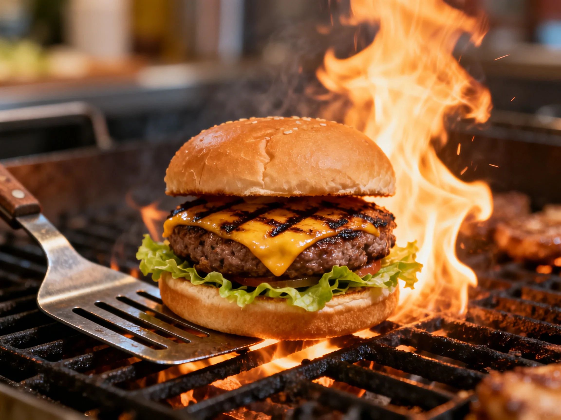 A juicy cheeseburger grills over vibrant flames