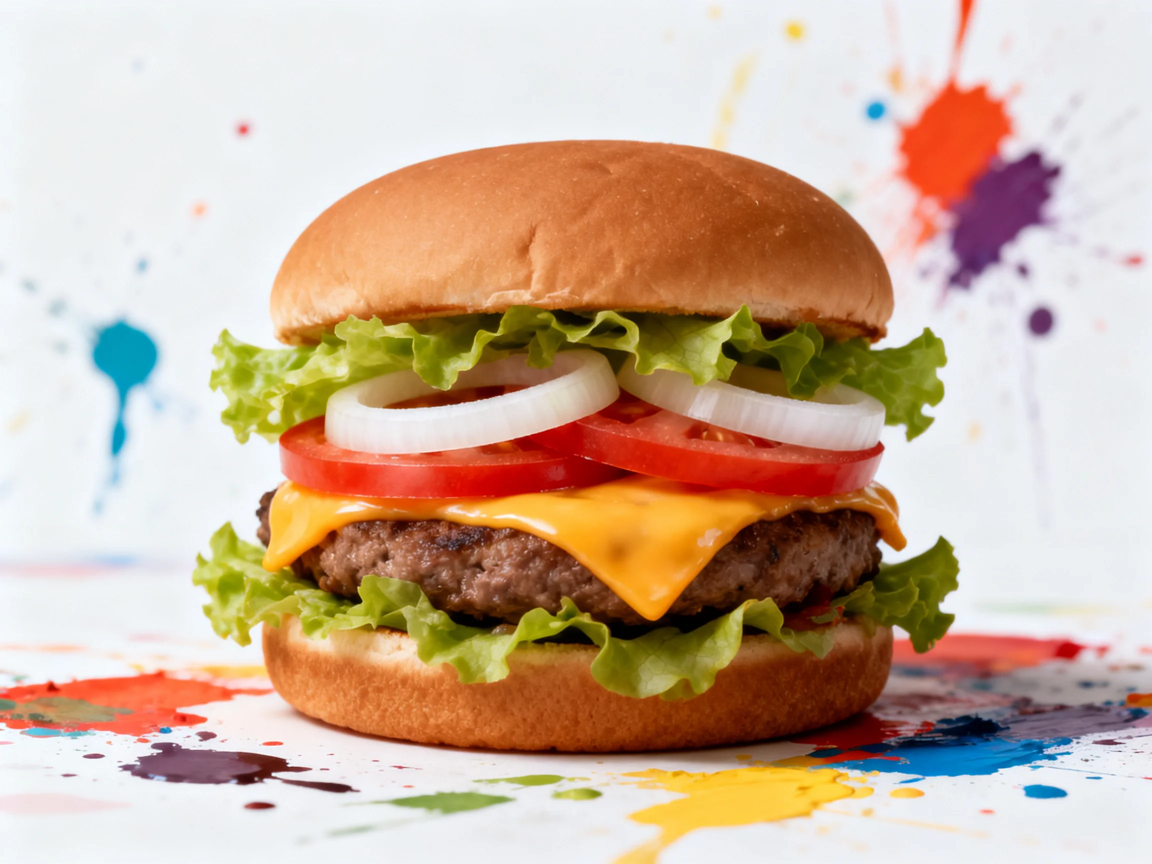 A juicy cheeseburger stacked with veggies against colorful paint splatter backdrop