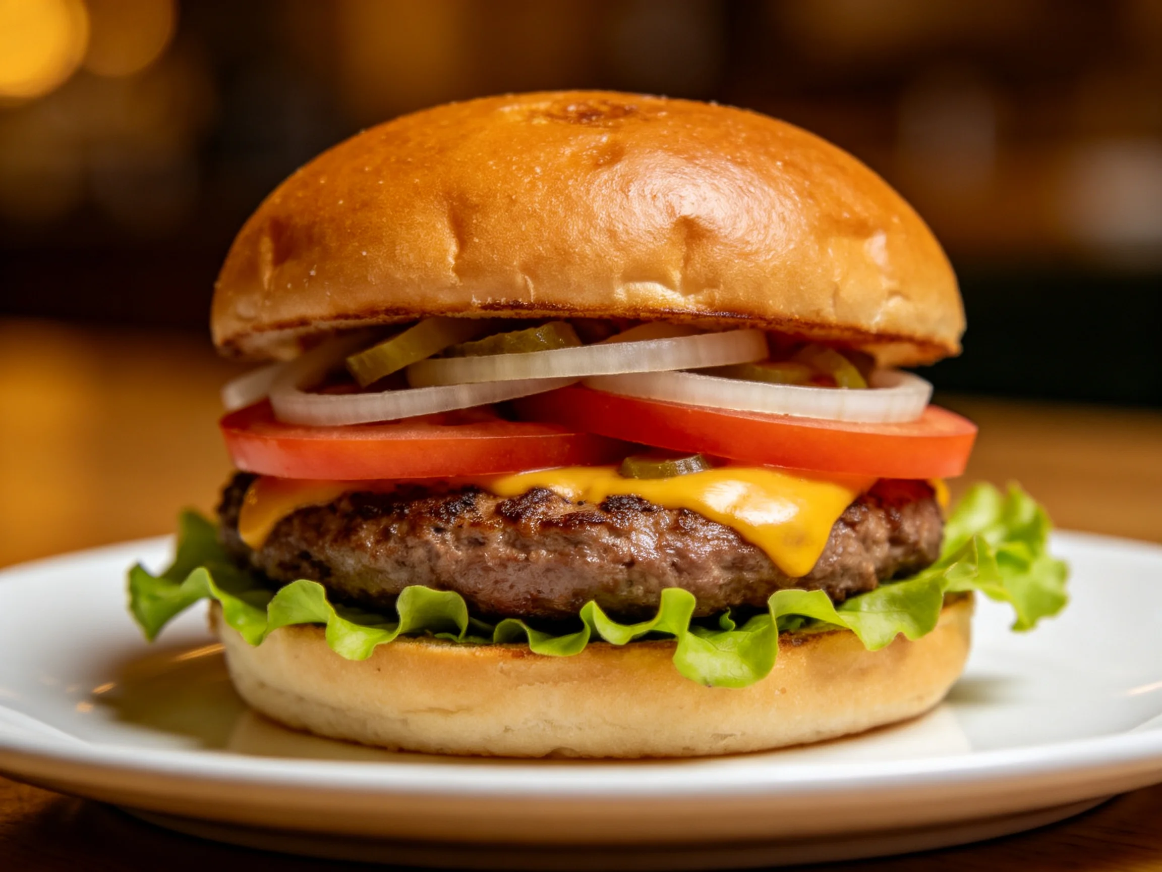 A juicy cheeseburger with fresh vegetable toppings