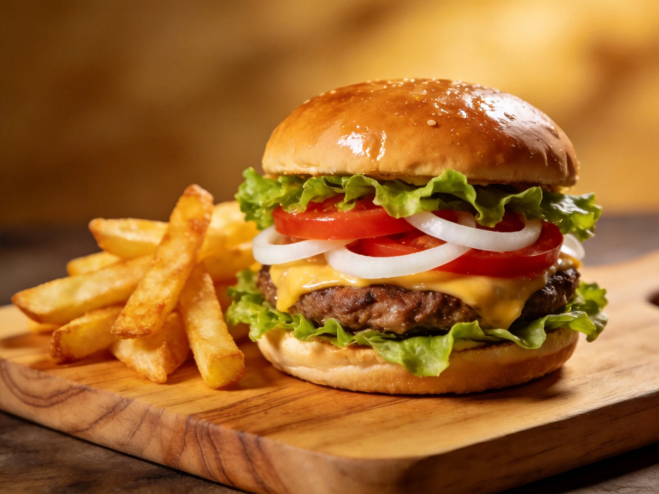A juicy cheeseburger with fresh veggies and crispy fries on a wooden board