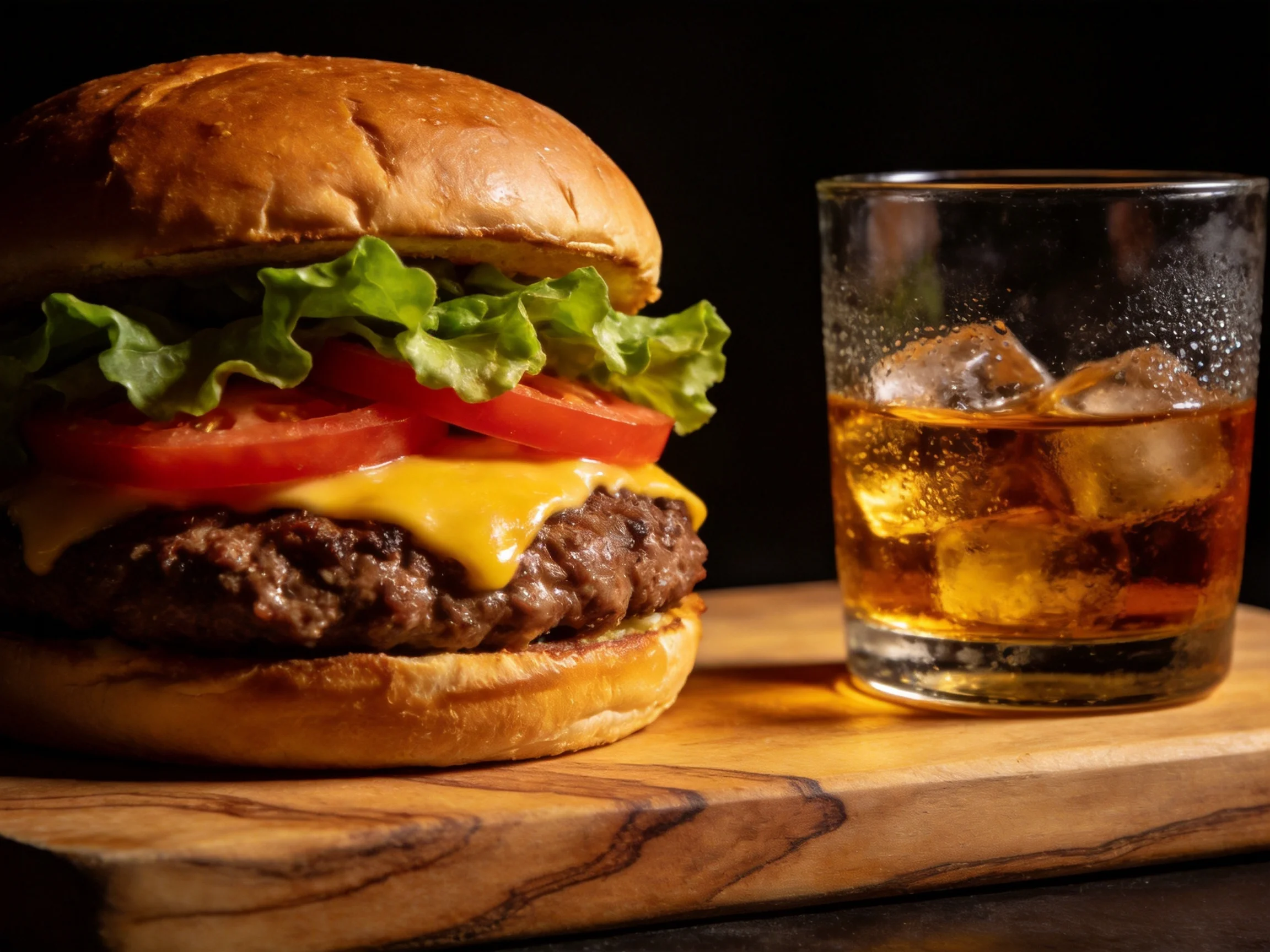 A juicy cheeseburger with fresh veggies beside a golden drink