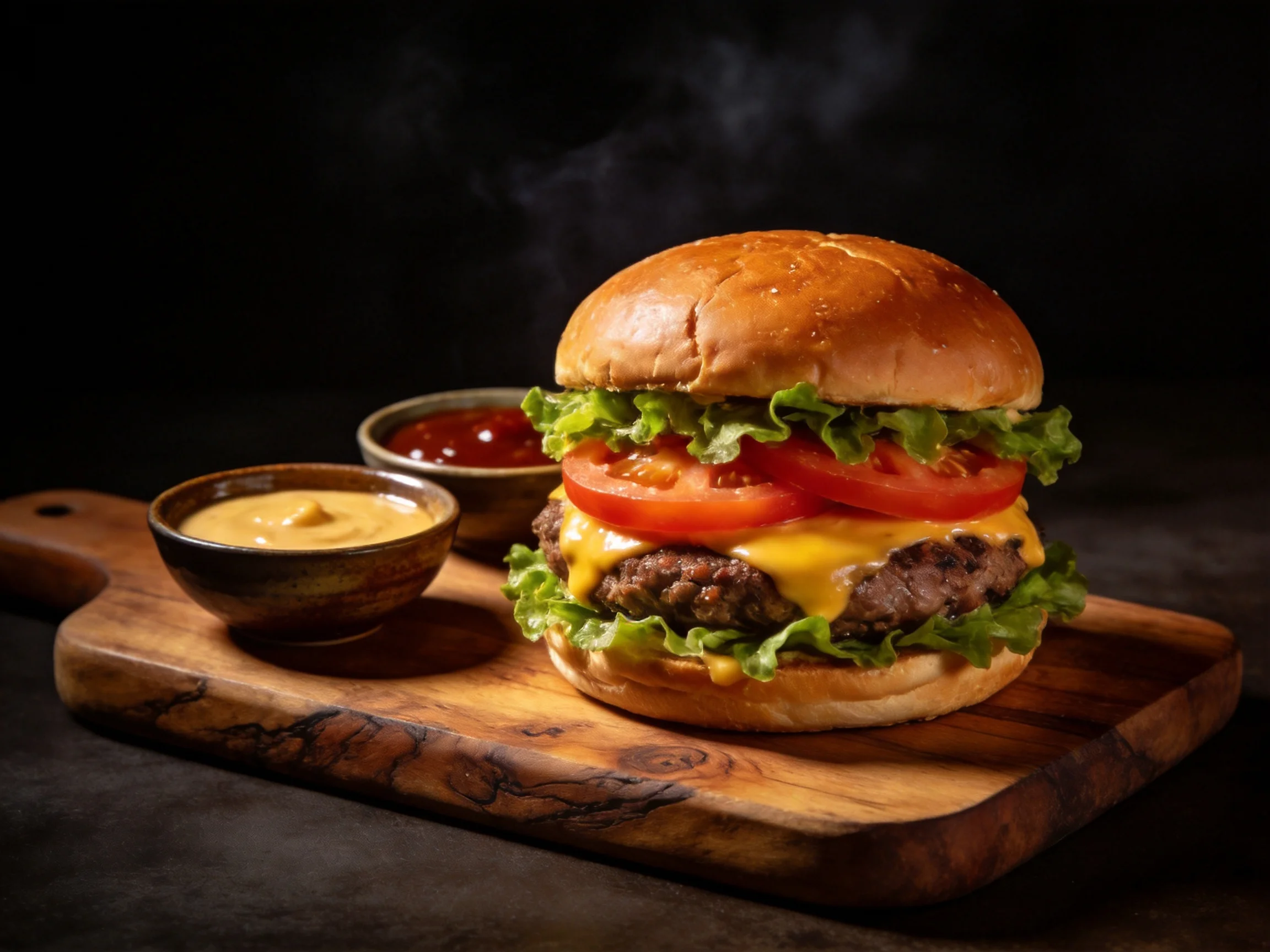 A juicy cheeseburger with fresh veggies on a wooden serving board