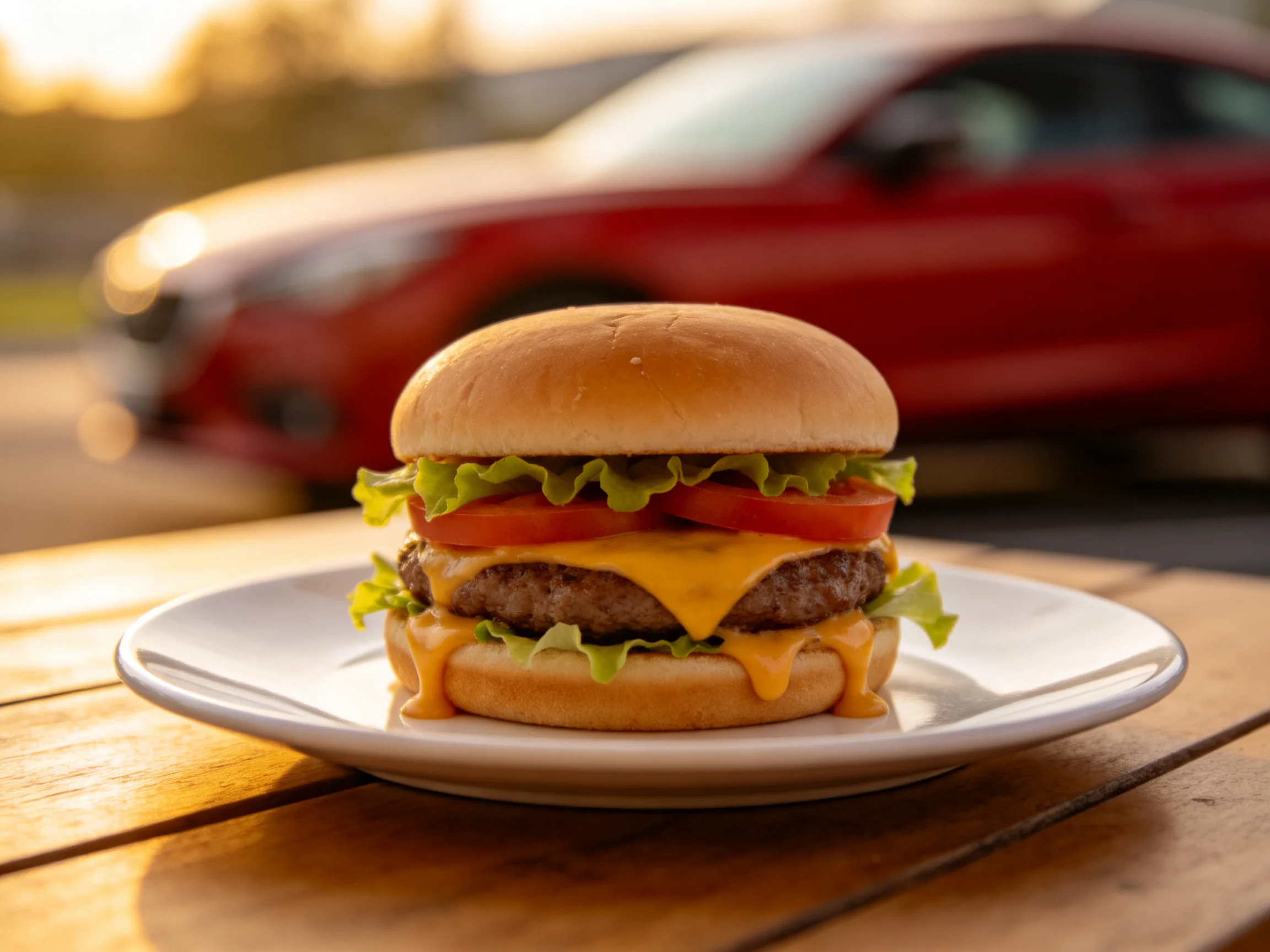 A juicy cheeseburger with lettuce and tomato sits on a white plate near a red car