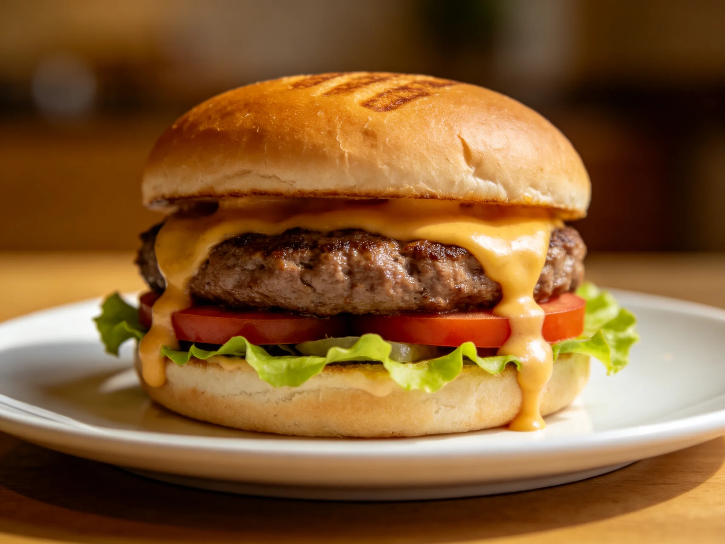 A juicy cheeseburger with melted cheddar, fresh lettuce, and tomato slices