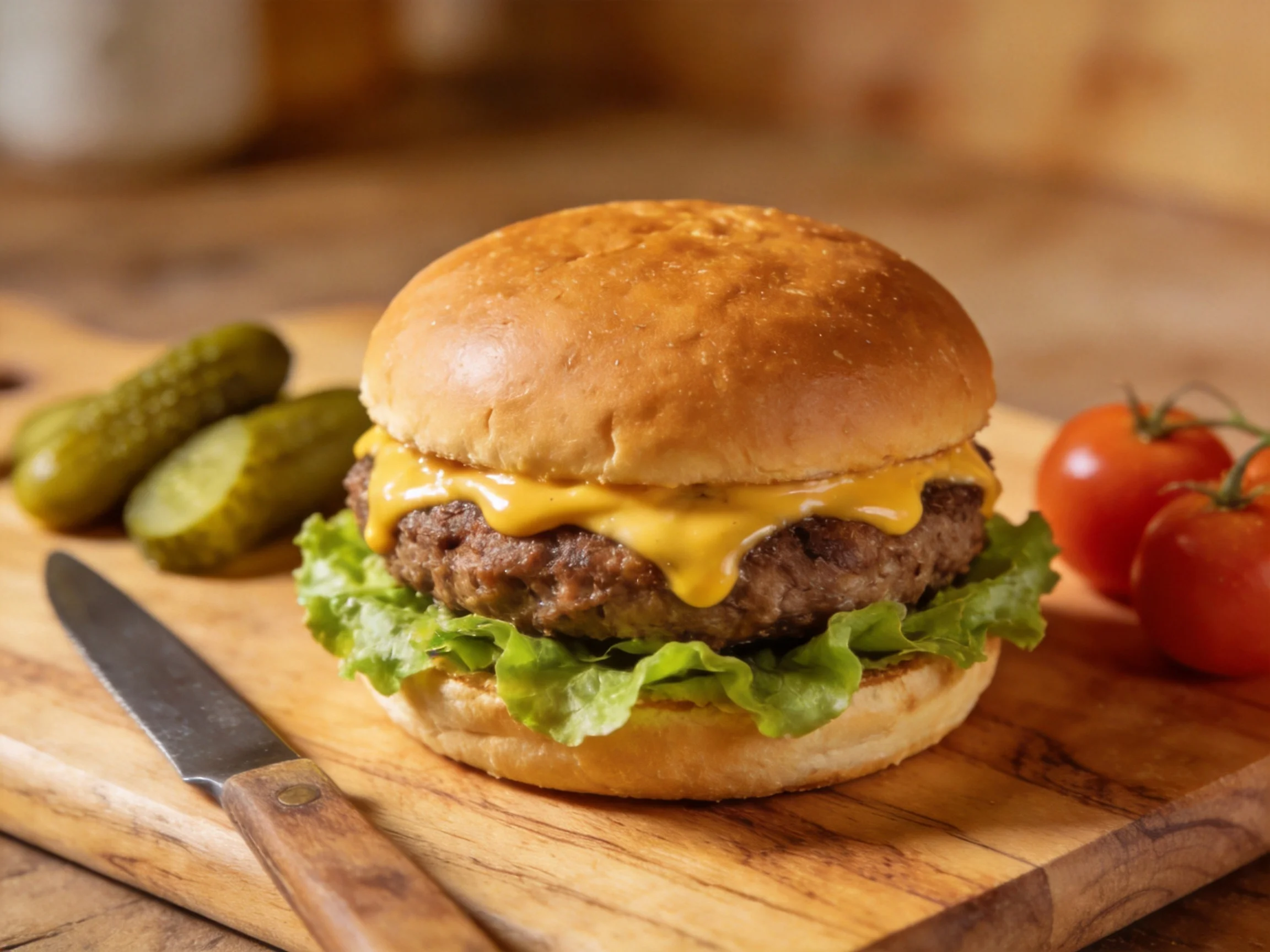 A juicy cheeseburger with melted cheddar, lettuce, pickles, and cherry tomatoes