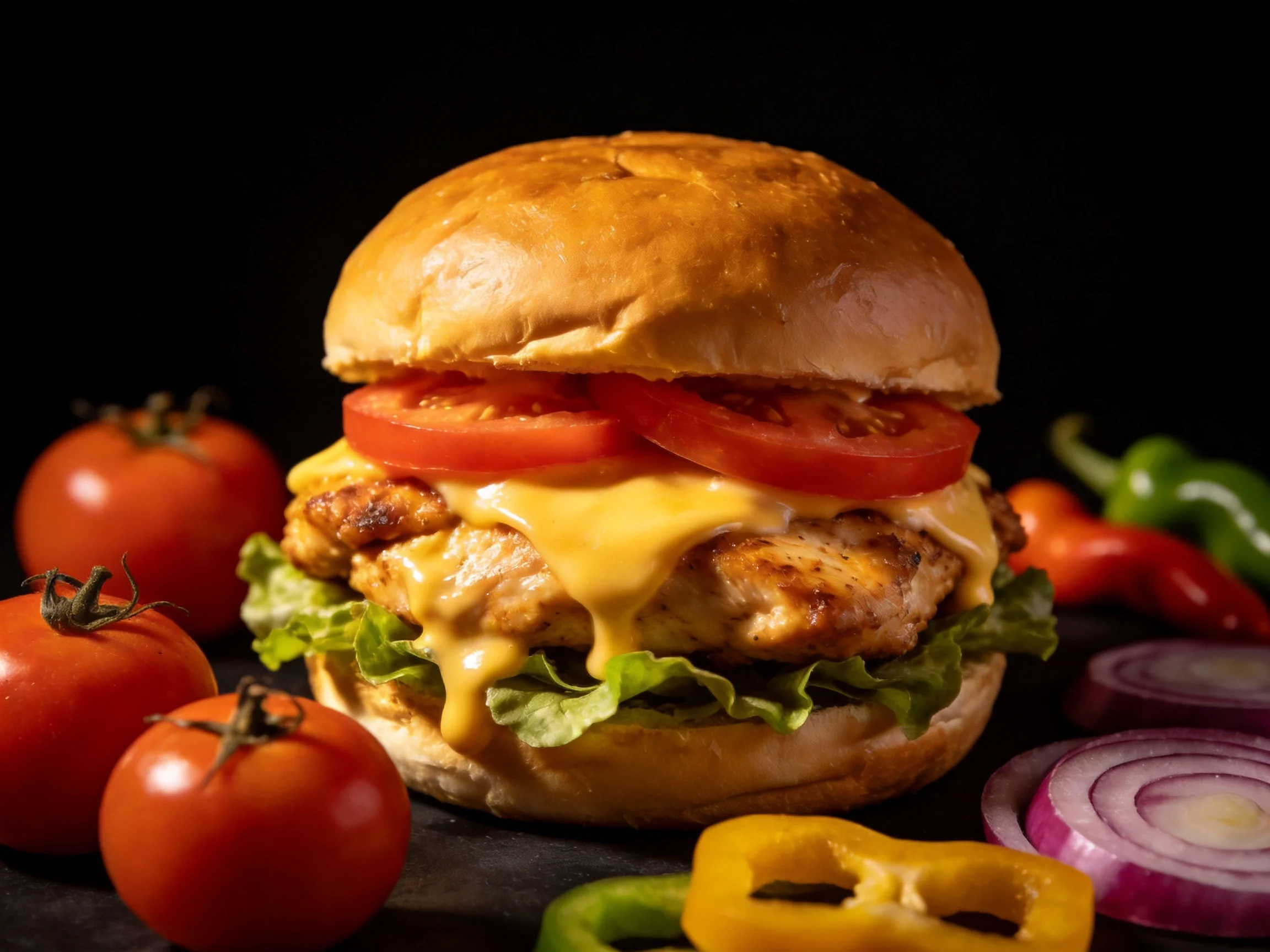 A juicy chicken burger with fresh tomatoes, onions, and peppers