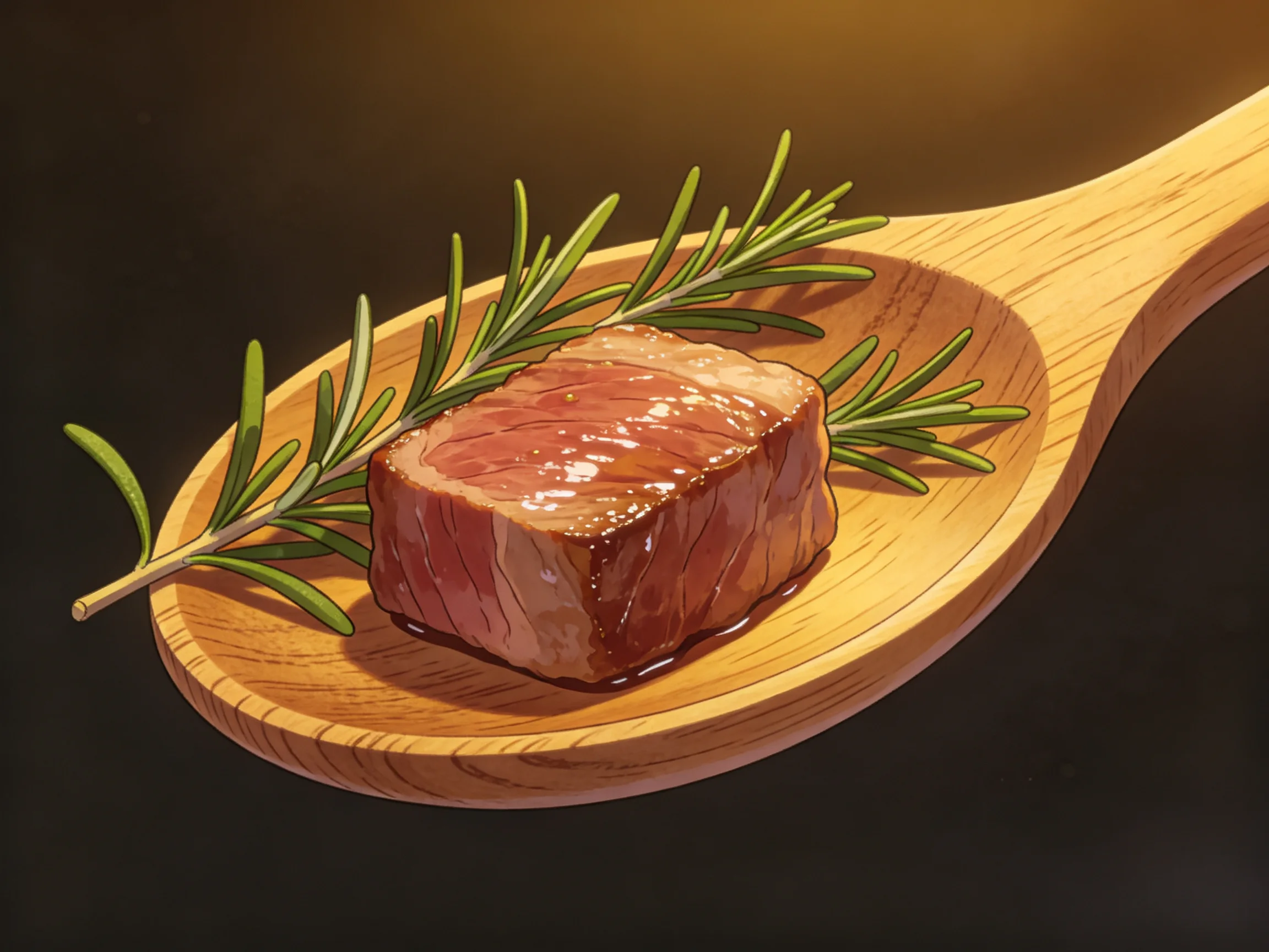 A juicy cooked beef cube on a wooden spoon with fresh rosemary