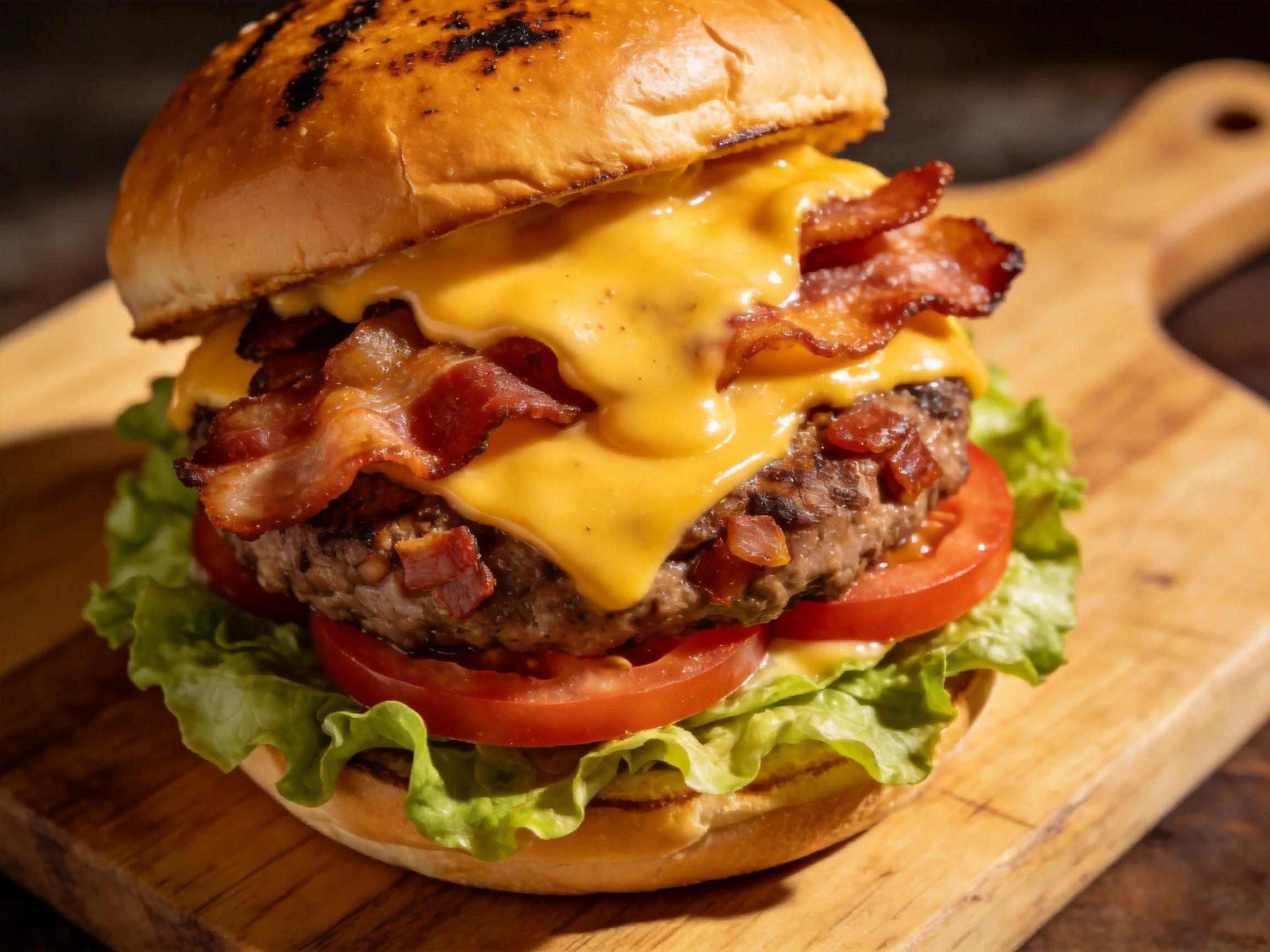 A juicy double cheeseburger with crispy bacon and fresh veggies