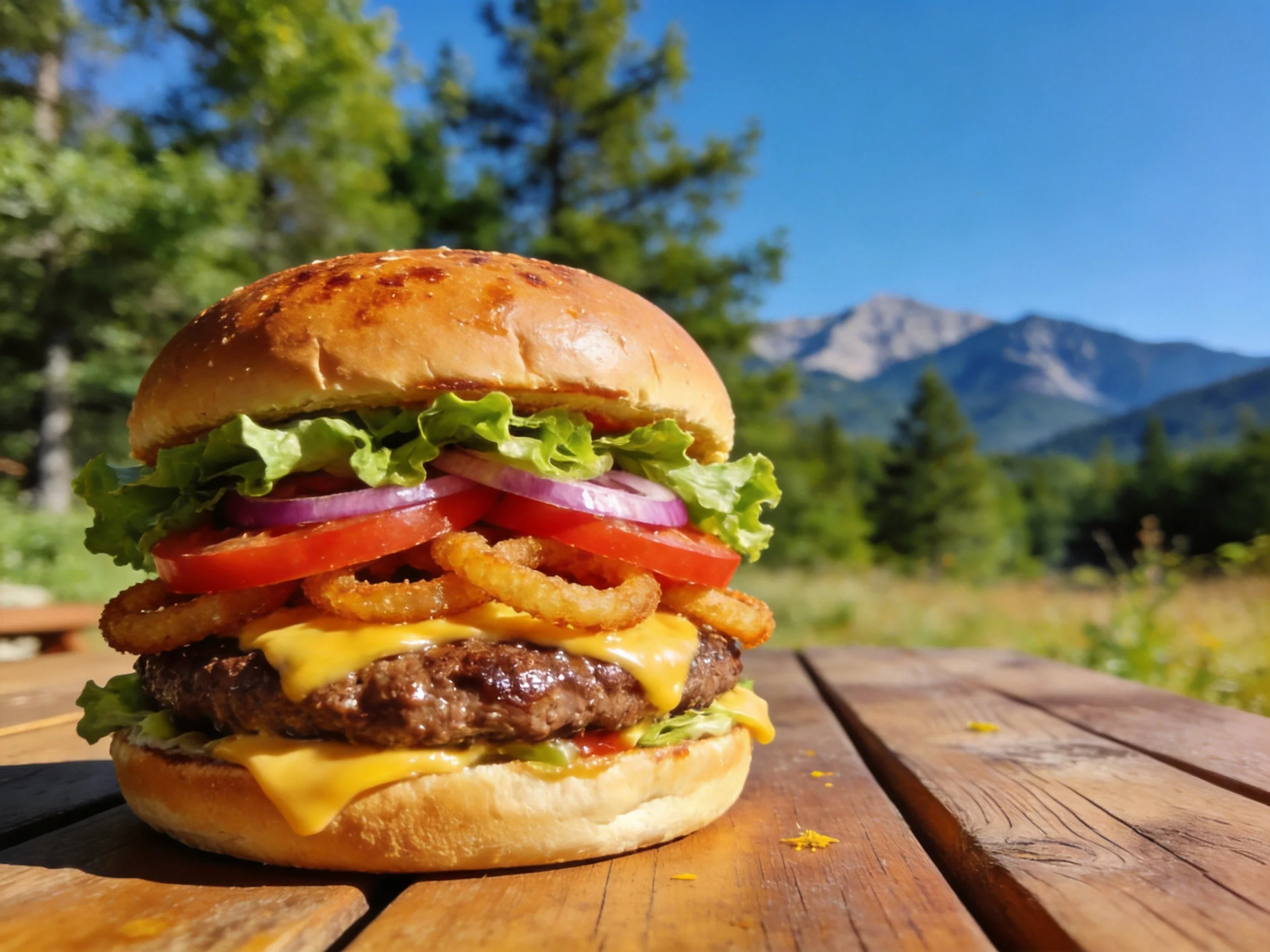 A juicy double cheeseburger with crispy onion rings on an outdoor wooden table