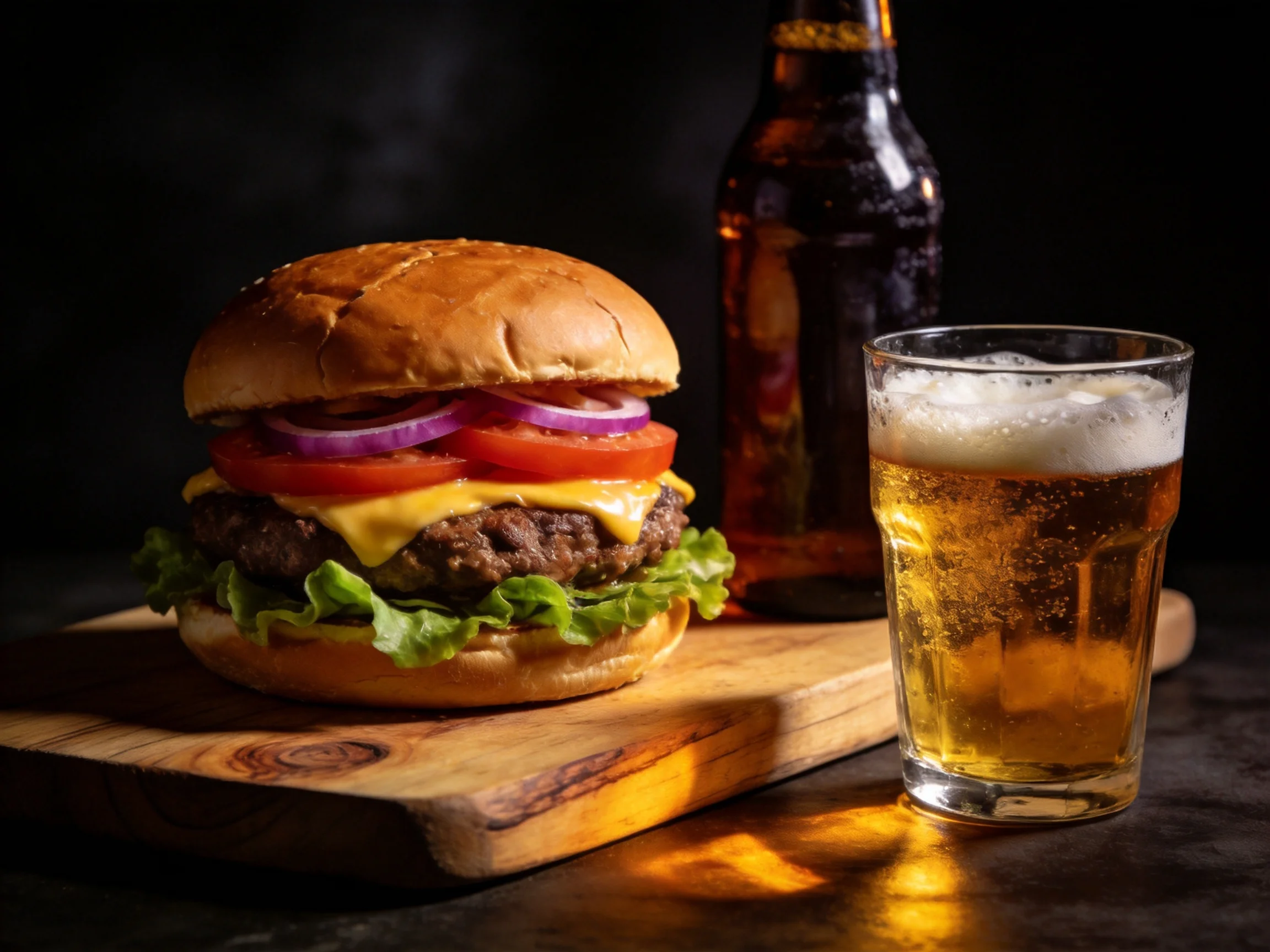 A juicy double cheeseburger with fresh toppings near a beer glass and bottle