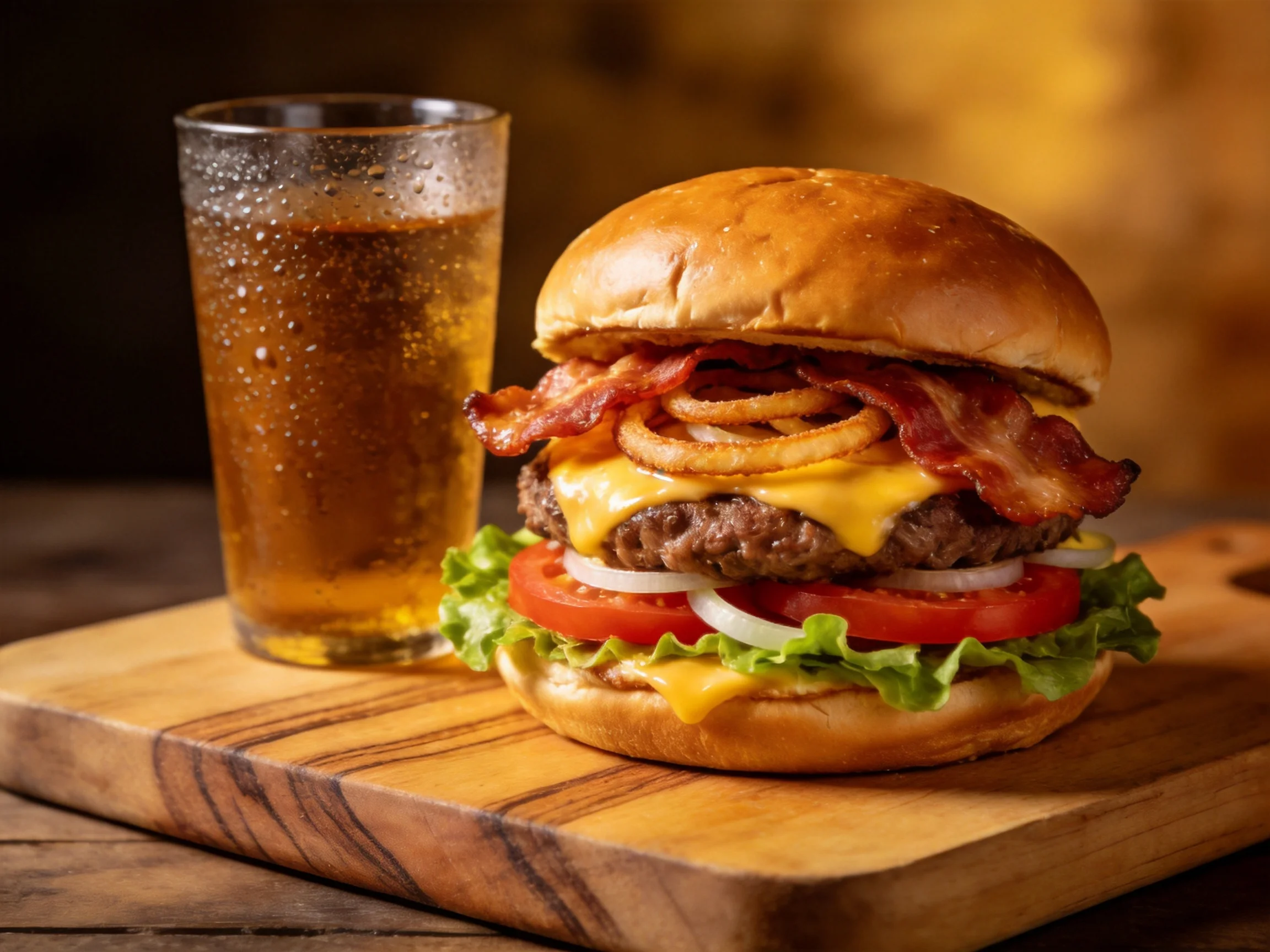 A juicy double-decker burger with bacon, onion rings, and cheese beside an amber soda