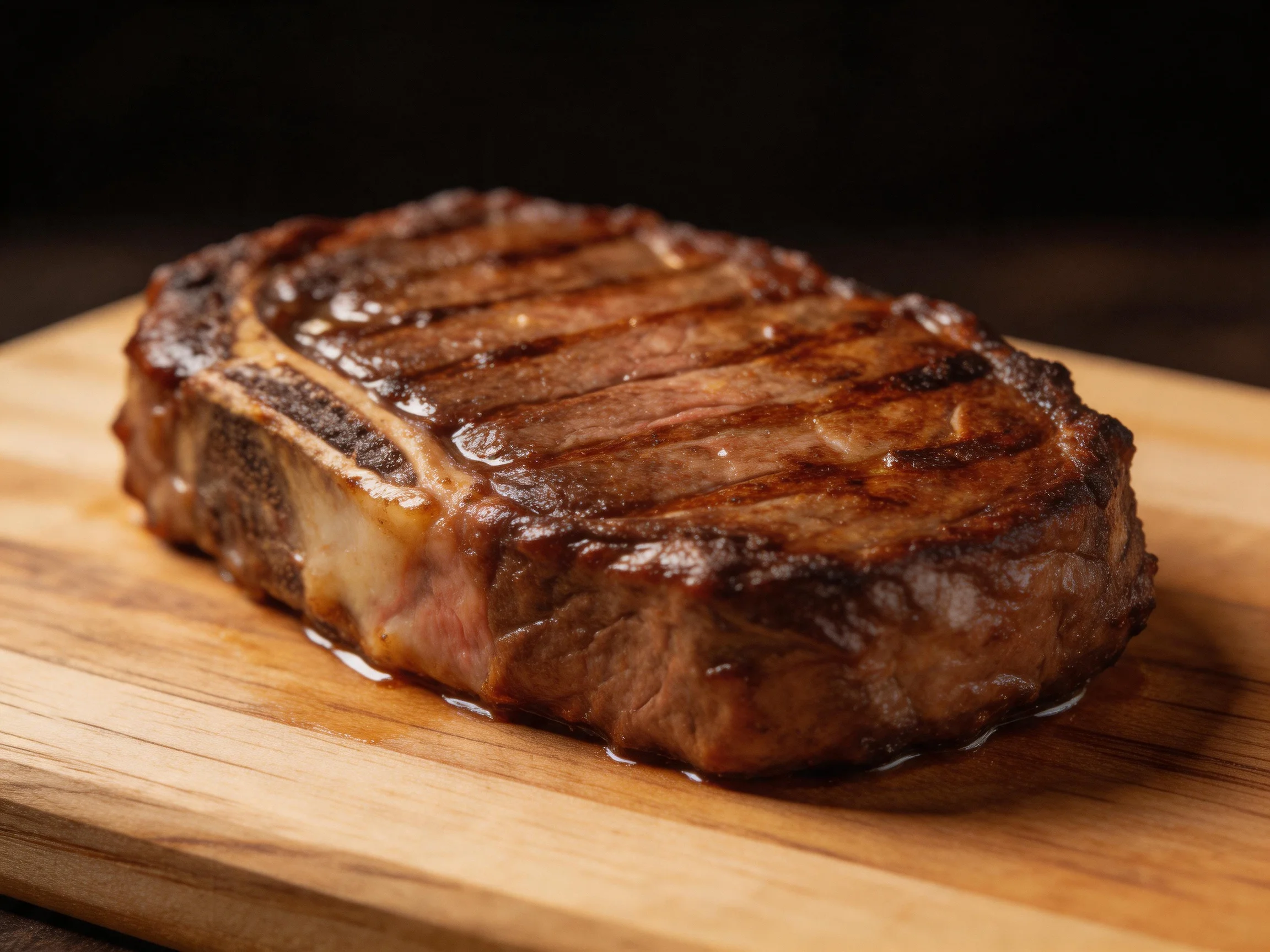 A juicy grilled ribeye steak on a wooden cutting board