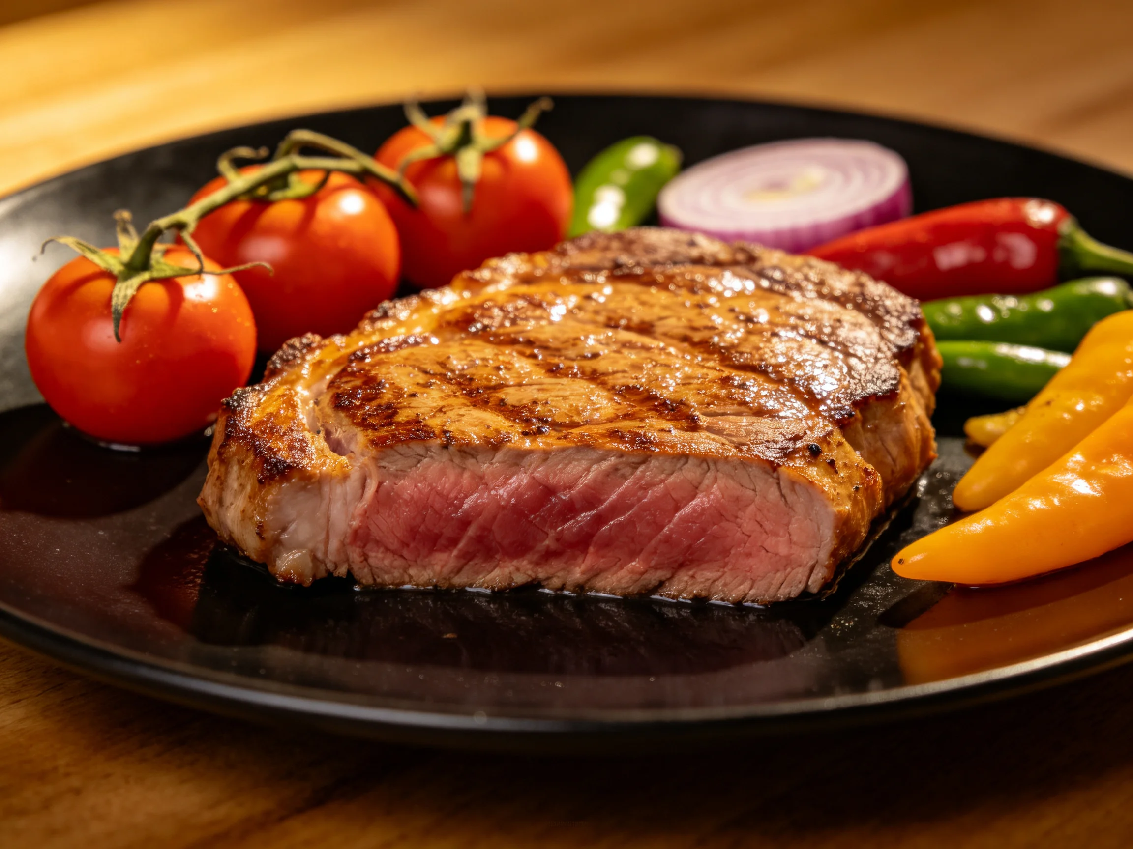 A juicy grilled steak accompanied by cherry tomatoes, peppers, and an onion slice on a black plate