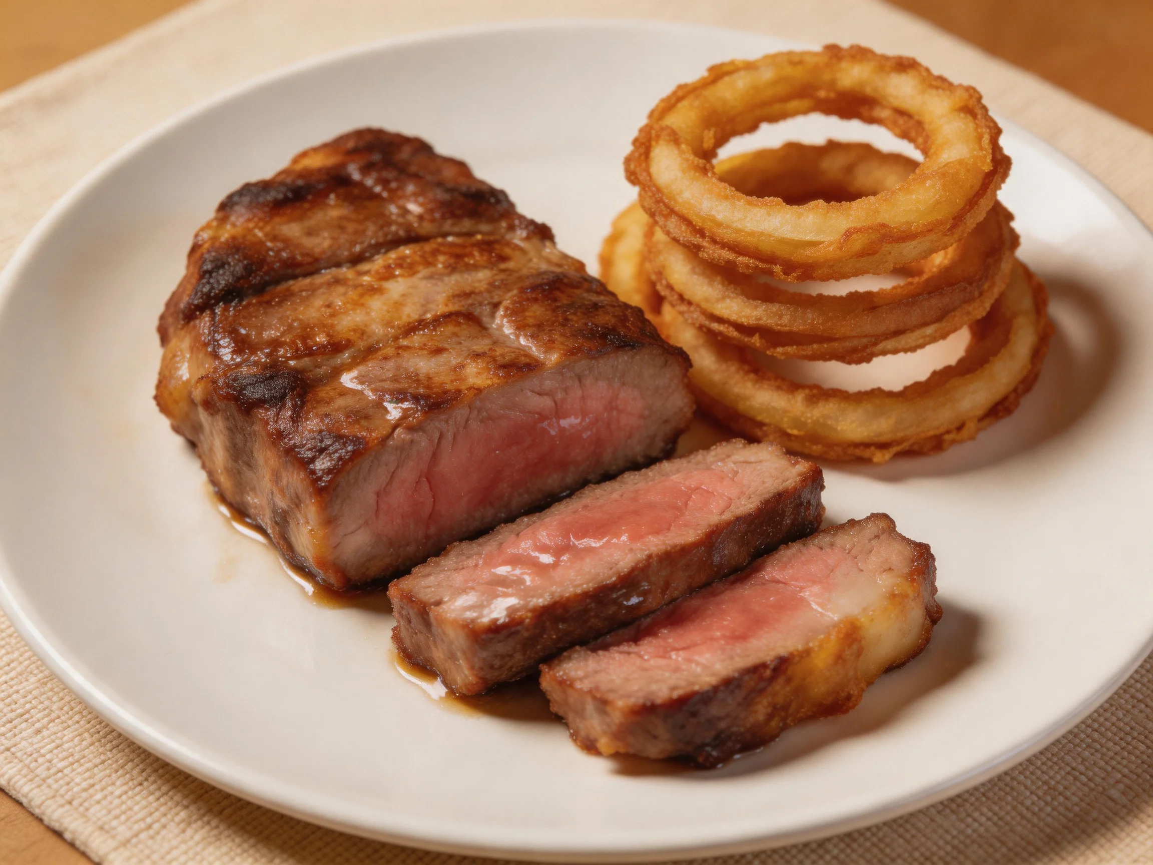 A juicy grilled steak and crispy fried onion rings served on a white plate