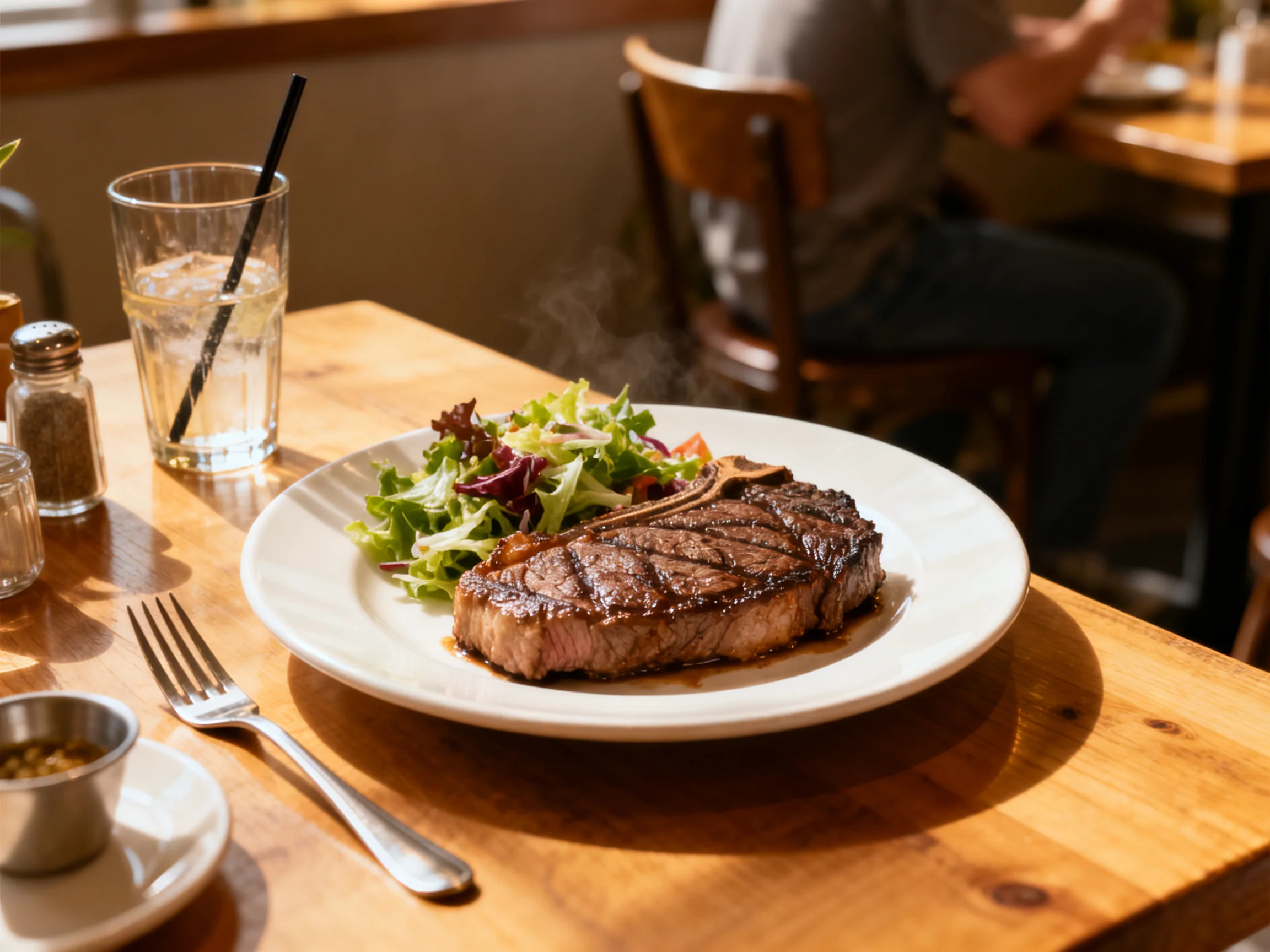 A juicy grilled steak and mixed greens served on a white plate at a wooden restaurant table