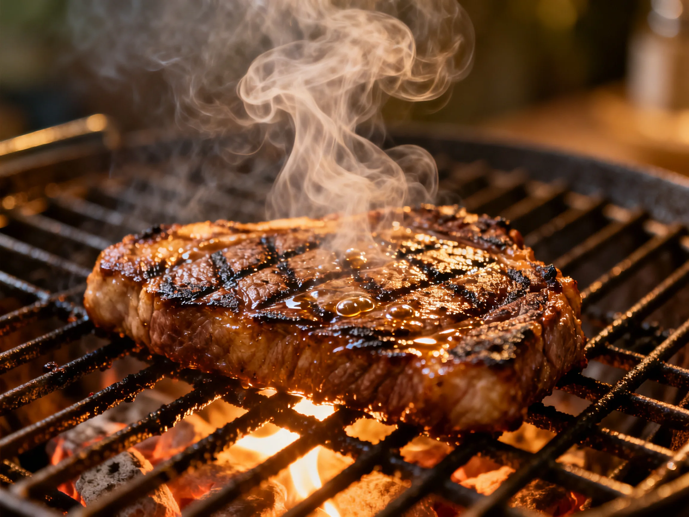 A juicy grilled steak cooks on a flaming grill with rising smoke