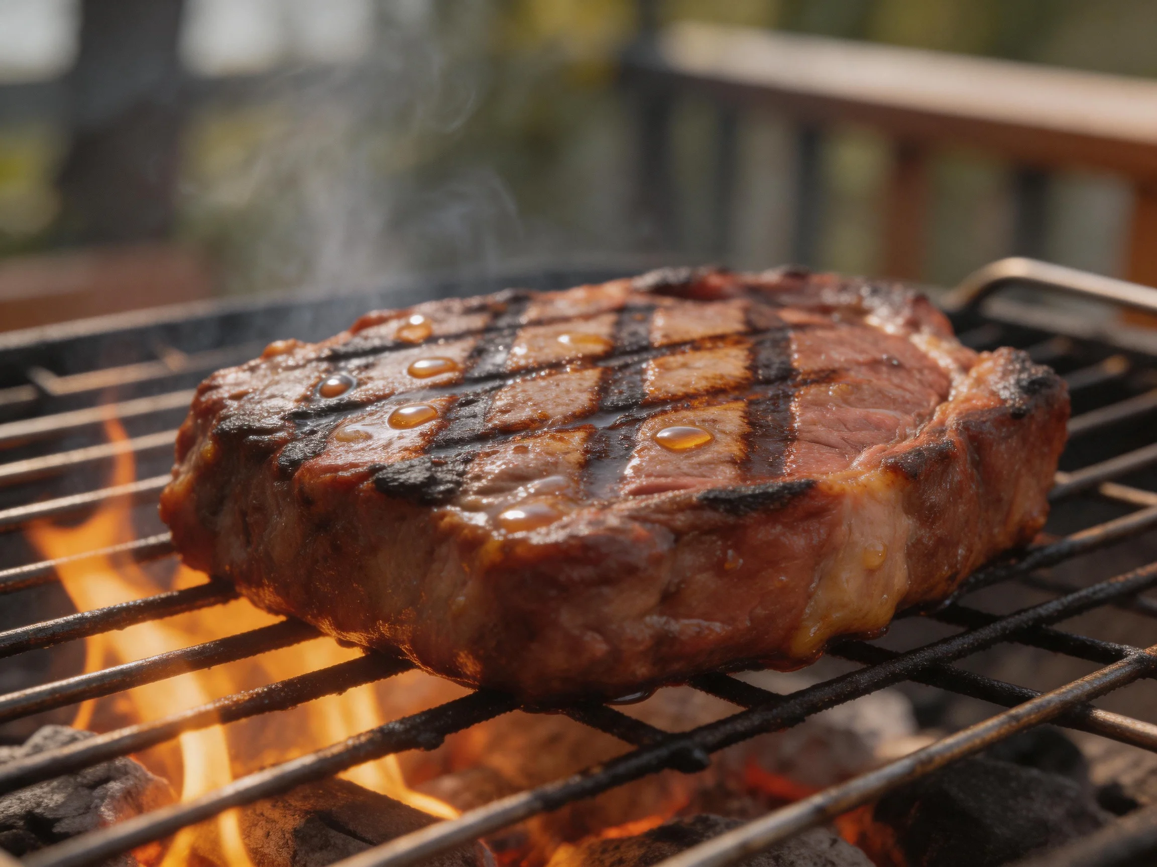 A juicy grilled steak cooks over bright flames on an outdoor grill