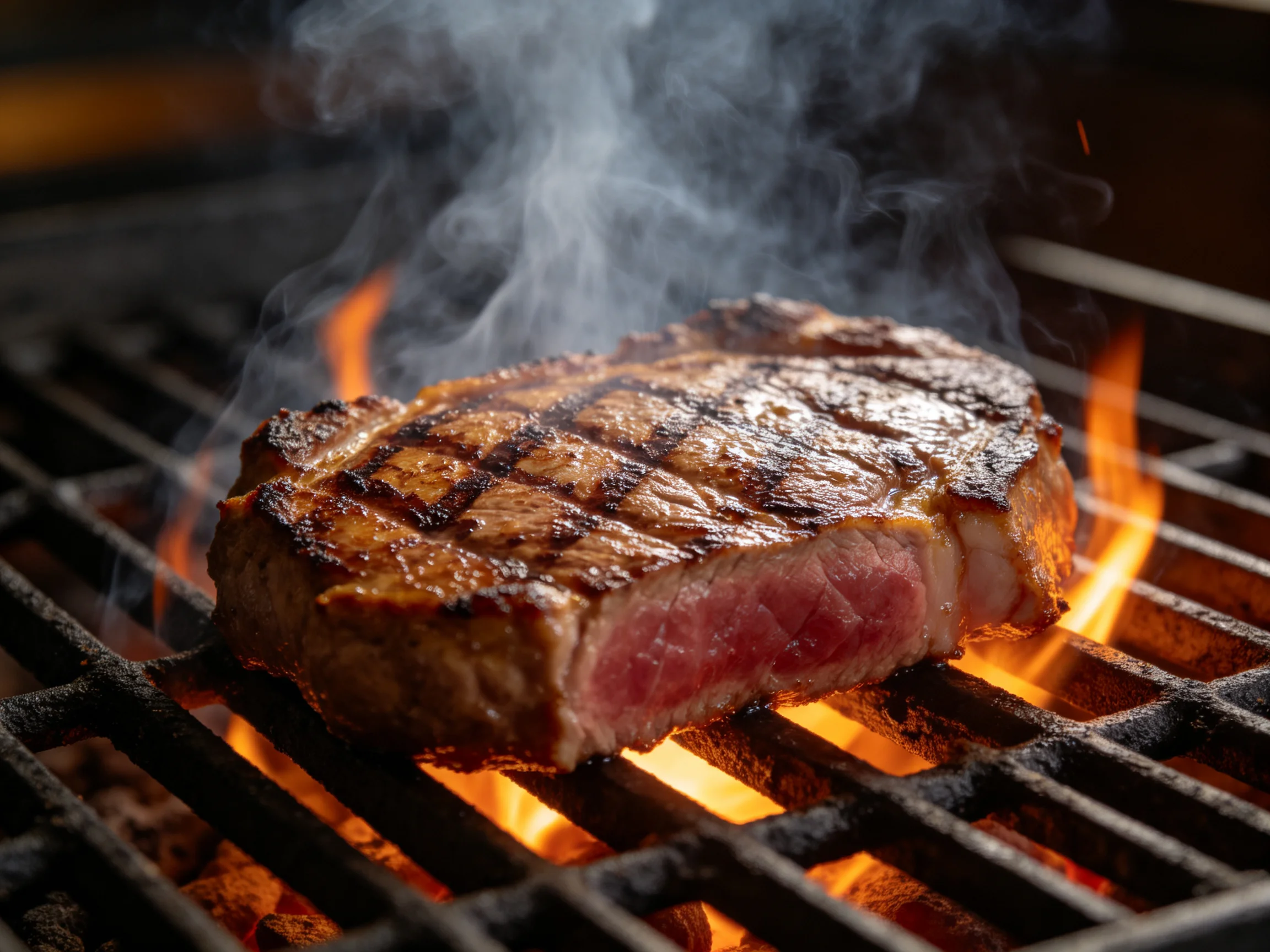 A juicy grilled steak cooks over bright orange flames
