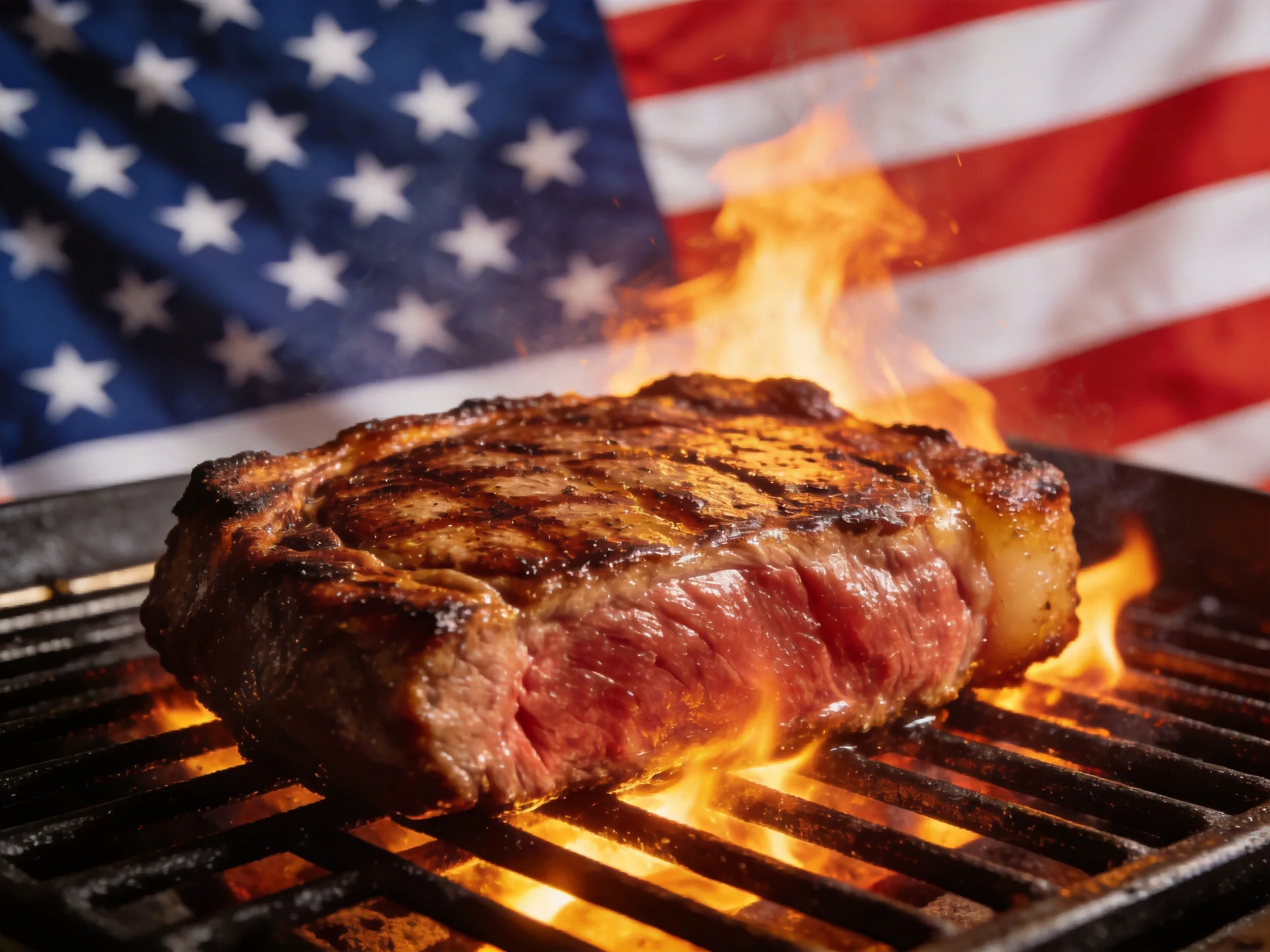 A juicy grilled steak cooks over open flames near an American flag
