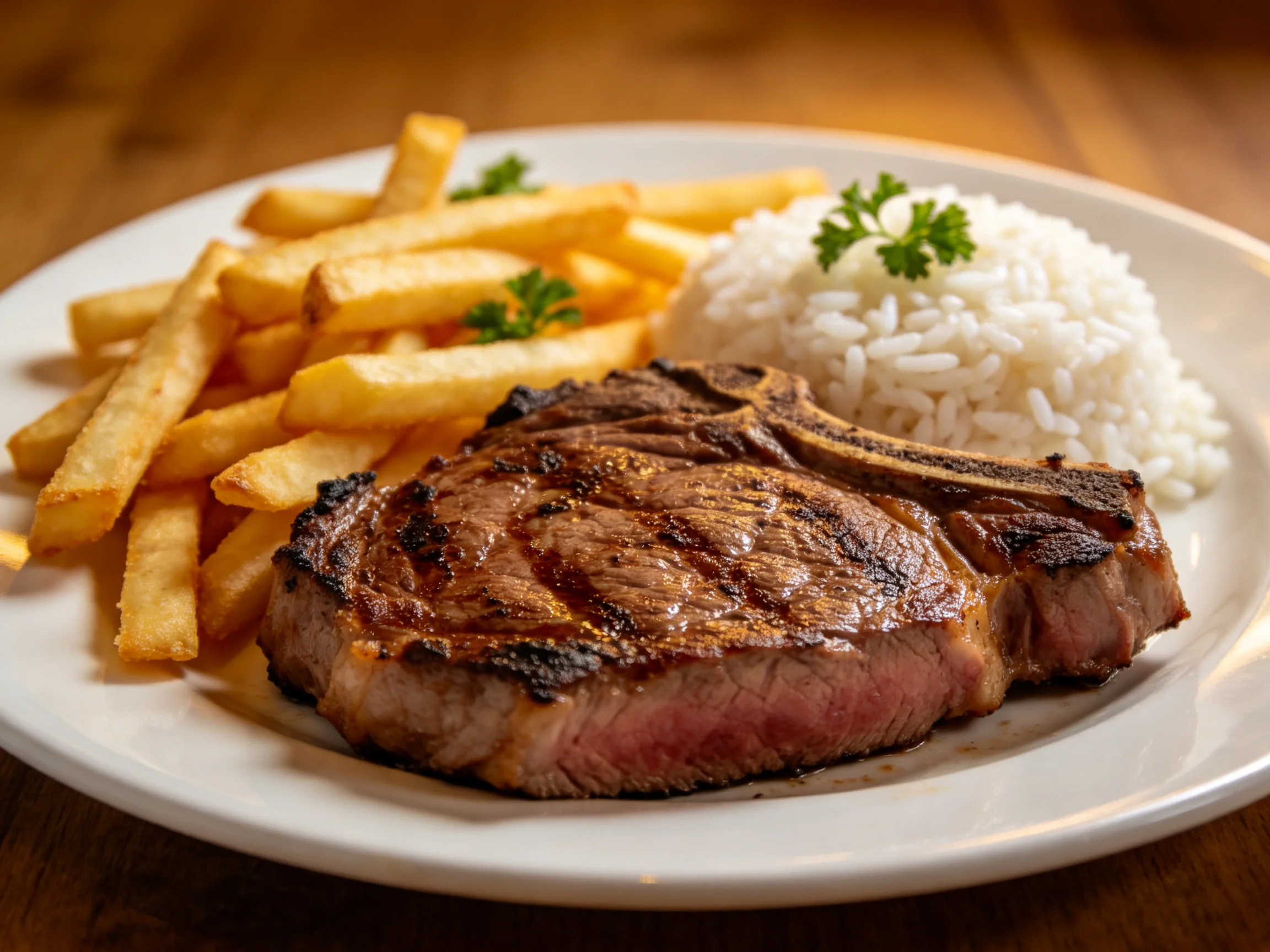 A juicy grilled steak, crispy golden fries, and fluffy white rice on a plate