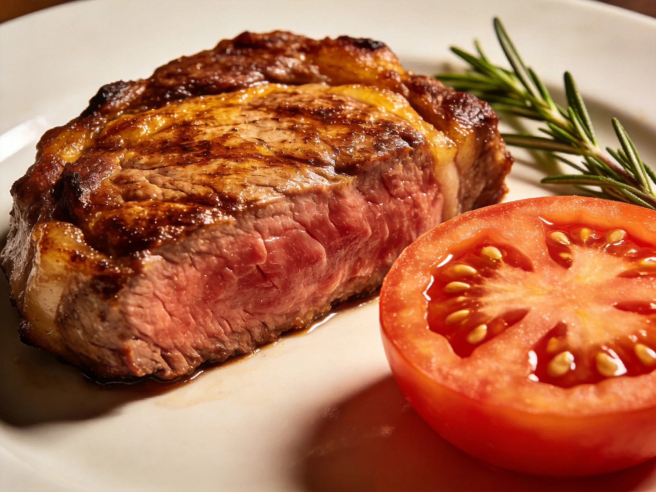 A juicy grilled steak, fresh tomato slice, and rosemary on white plate