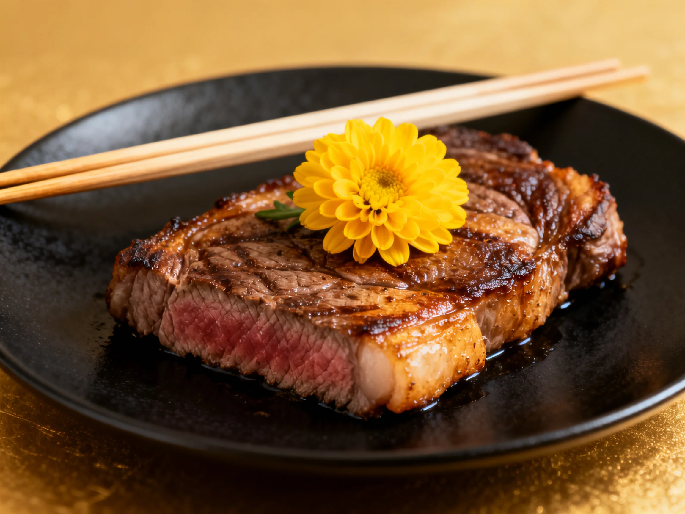 A juicy grilled steak served on a black plate with chopsticks and a decorative flower