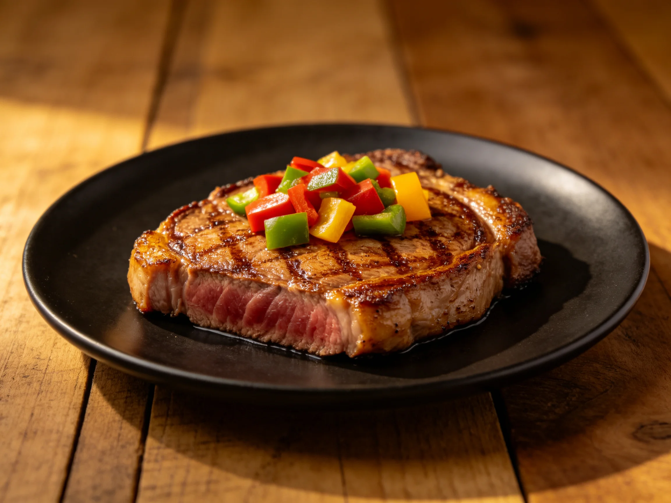 A juicy grilled steak garnished with colorful bell peppers