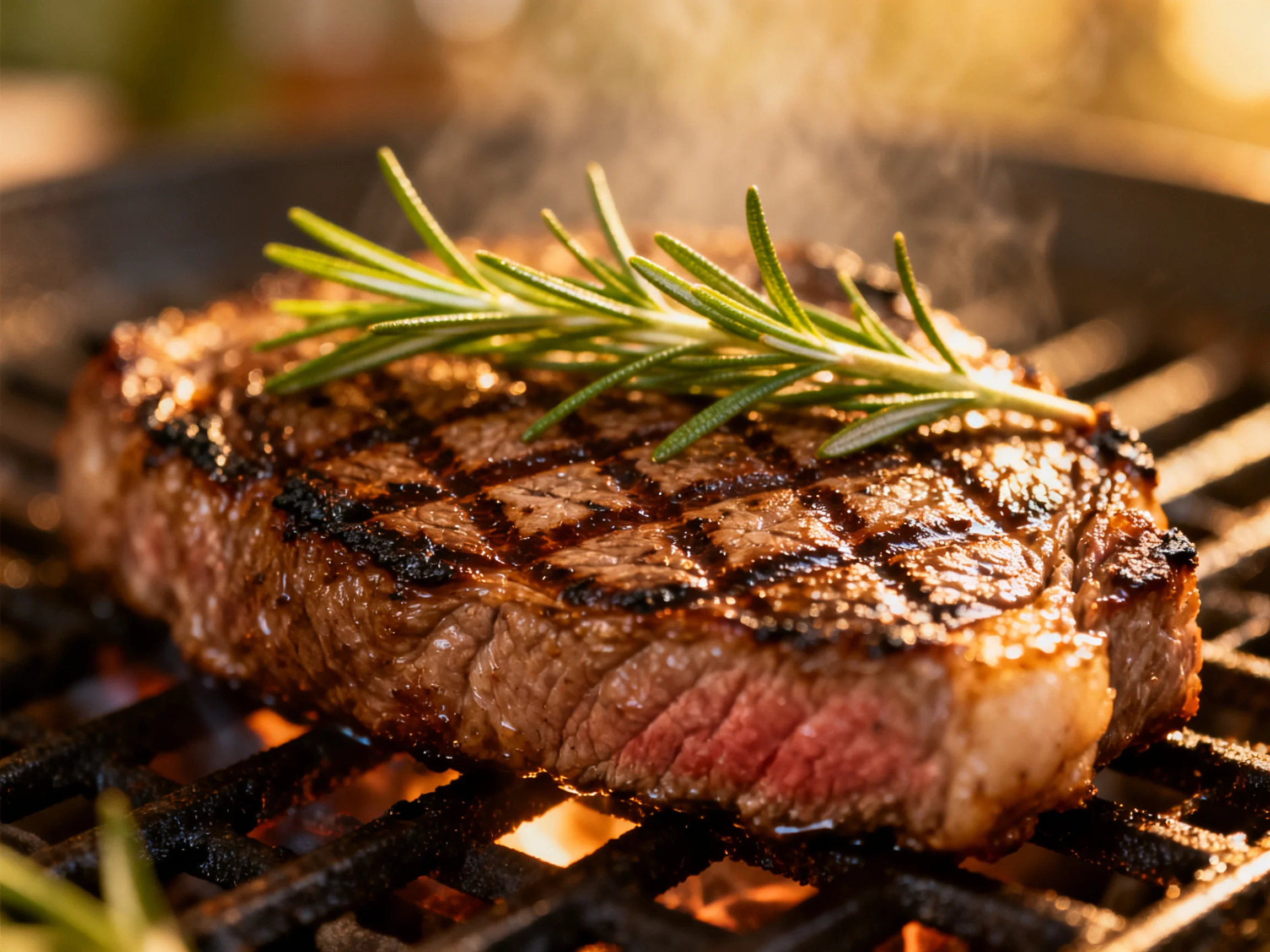 A juicy grilled steak garnished with rosemary cooks over an open flame.