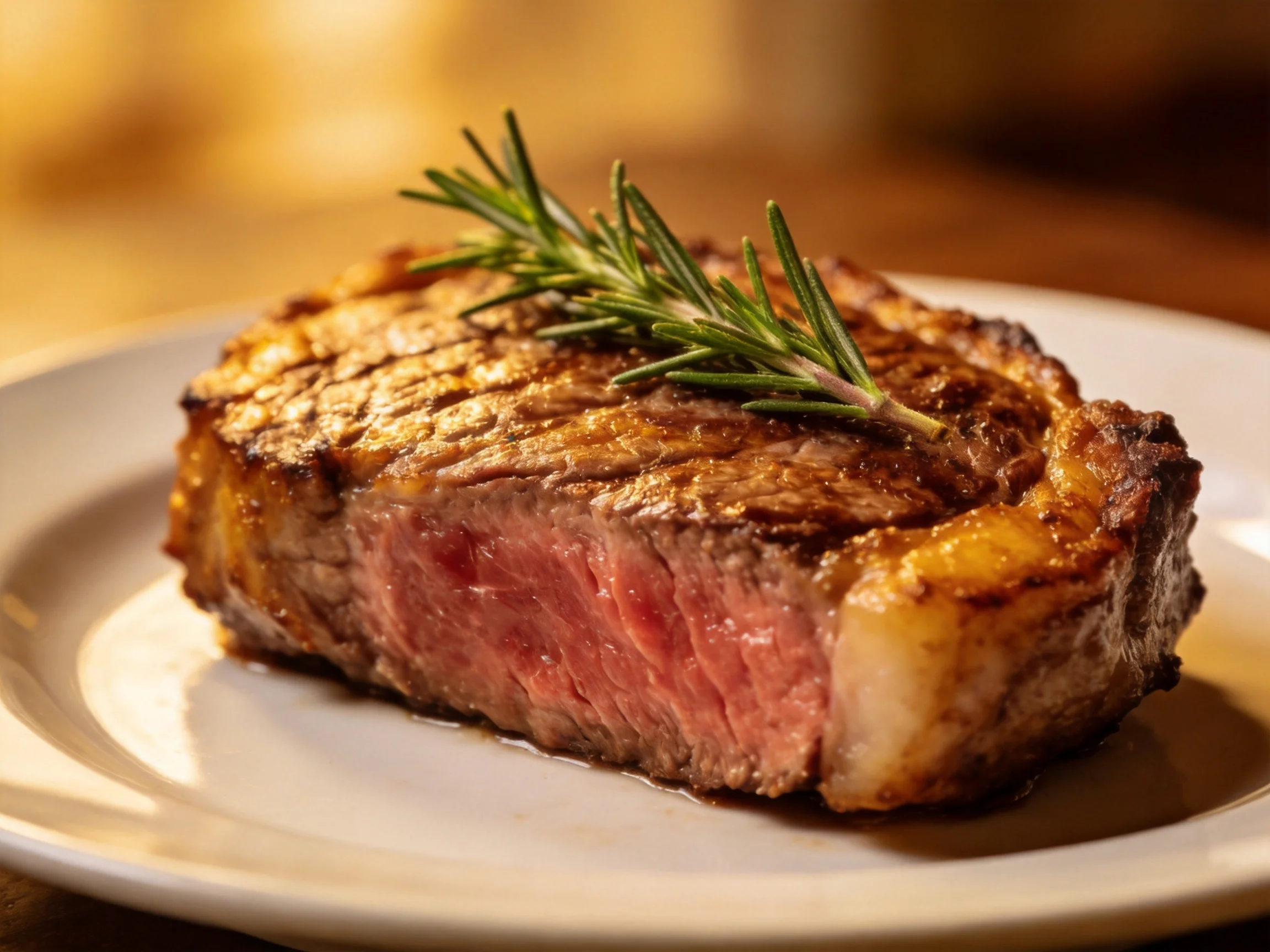 A juicy grilled steak garnished with fresh rosemary on a white plate