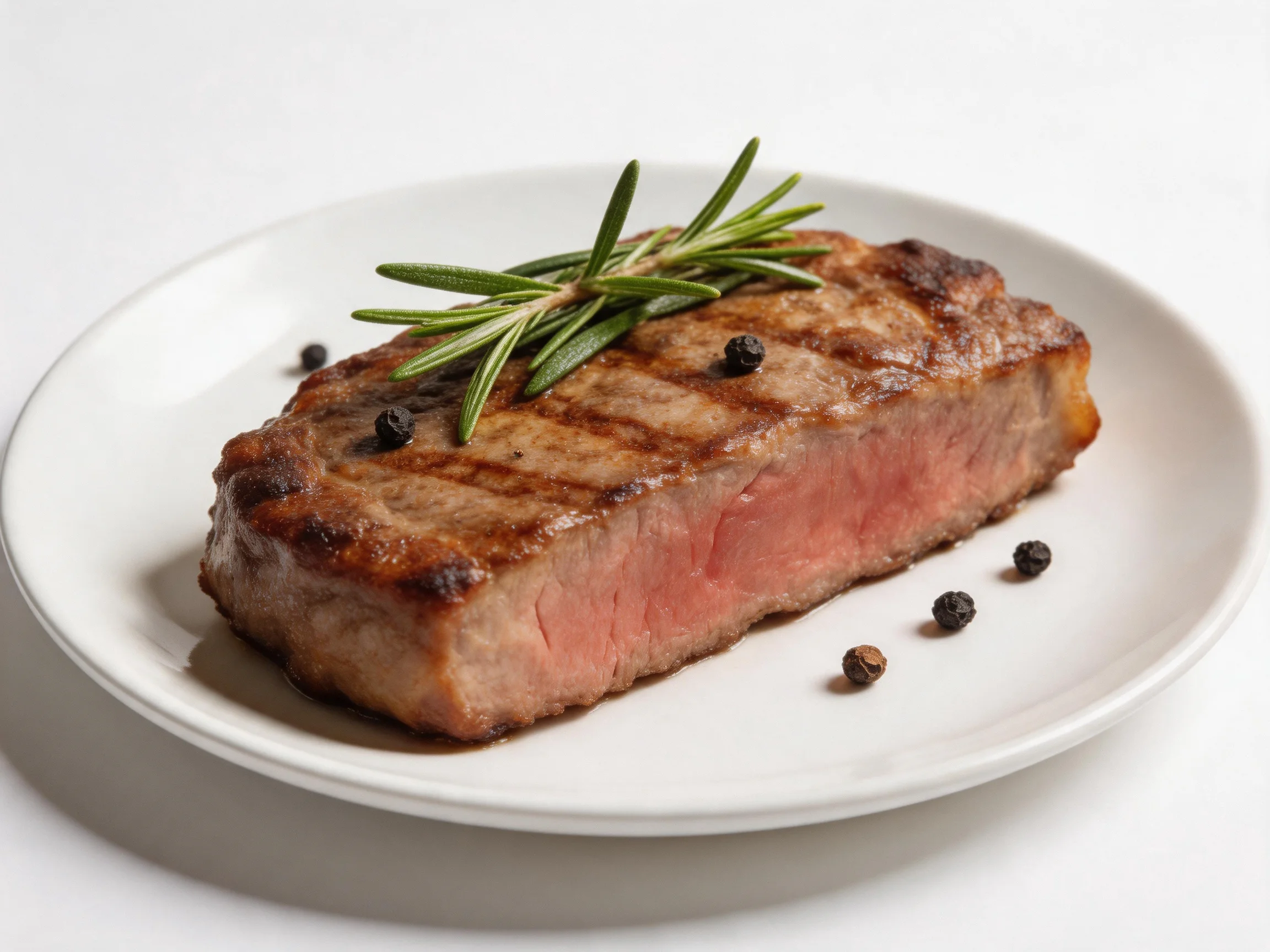 A juicy grilled steak garnished with rosemary and peppercorns on a white plate