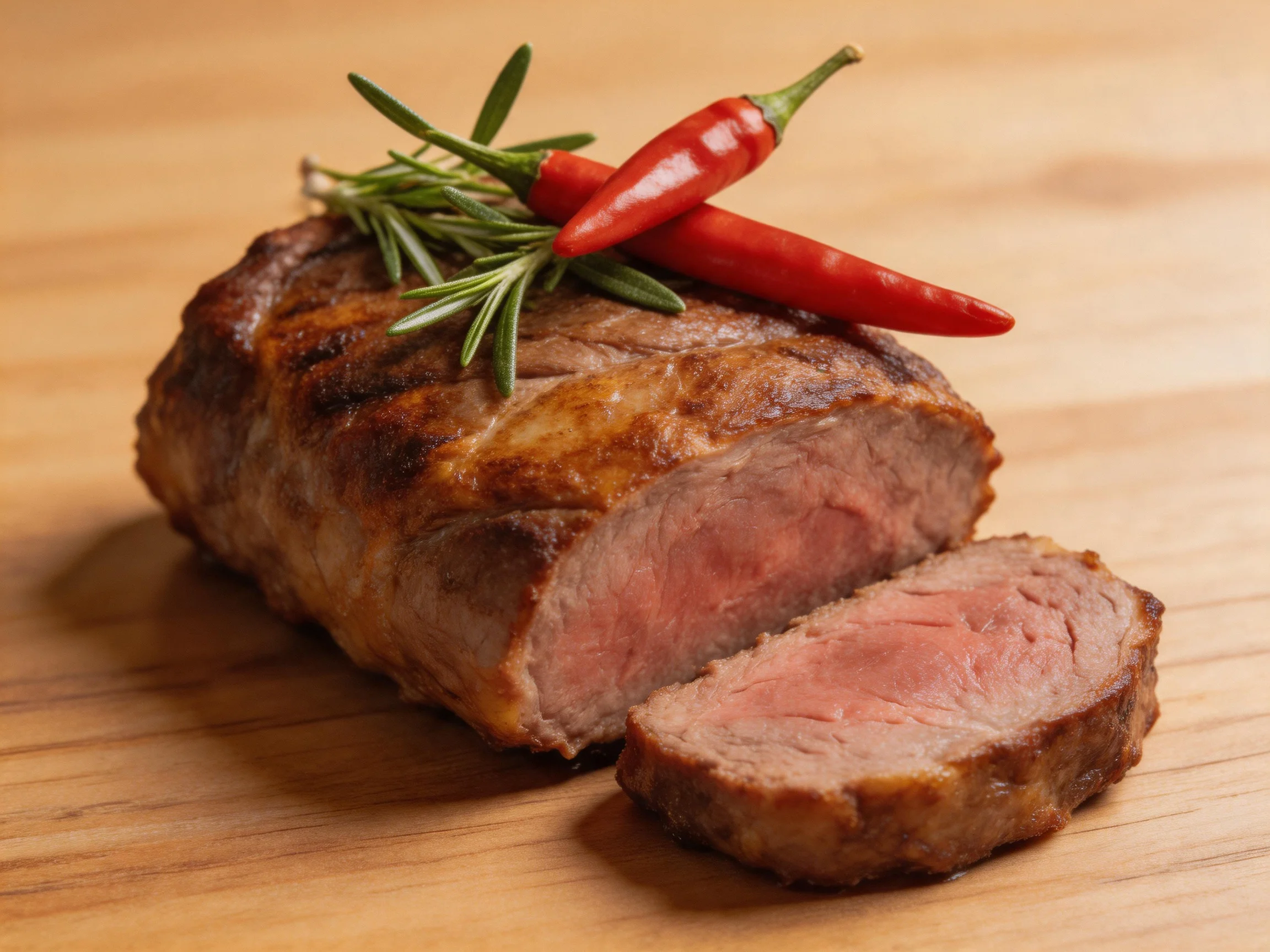 A juicy grilled steak garnished with rosemary and red chili peppers
