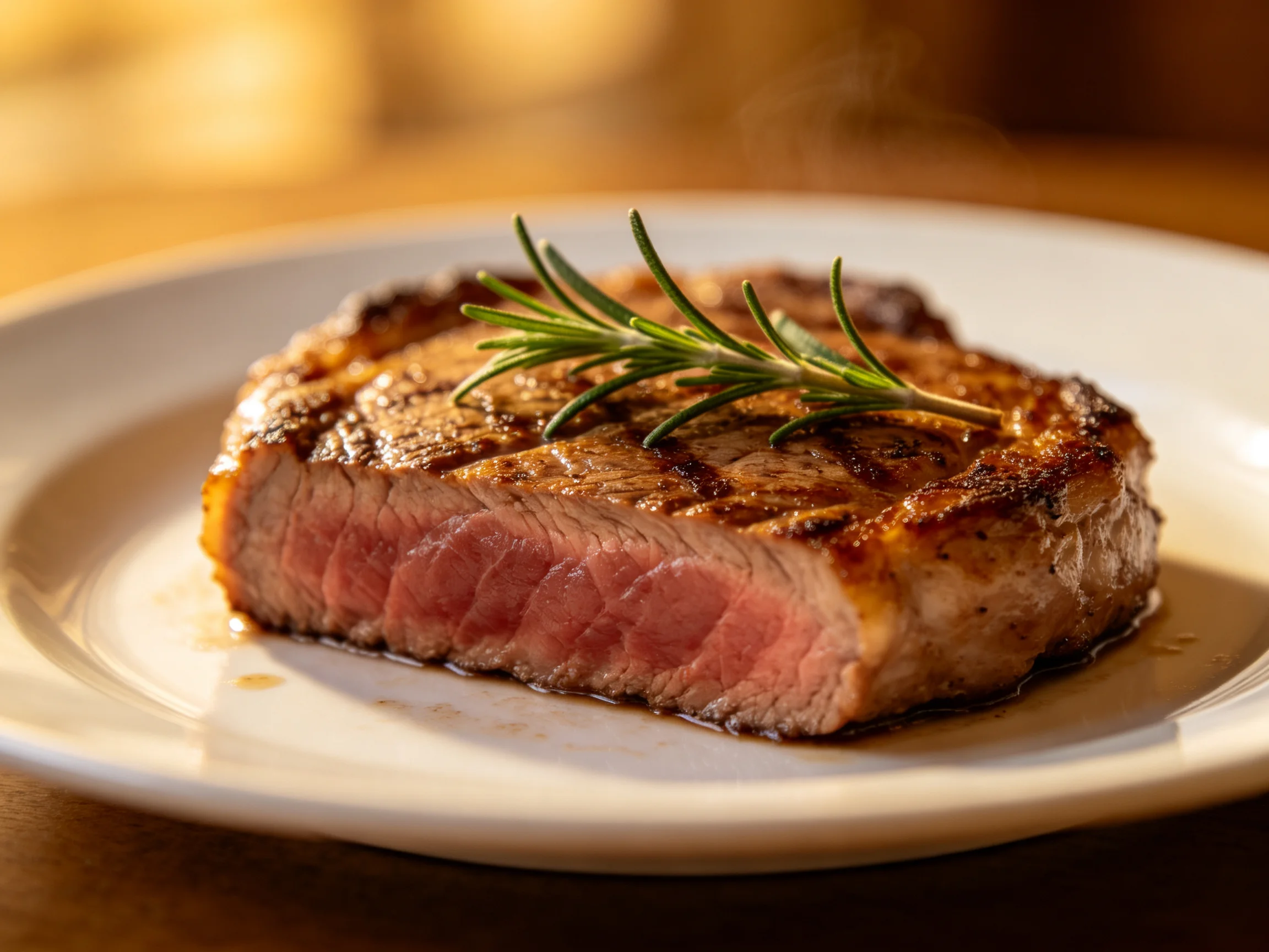 A juicy grilled steak garnished with rosemary on a white plate