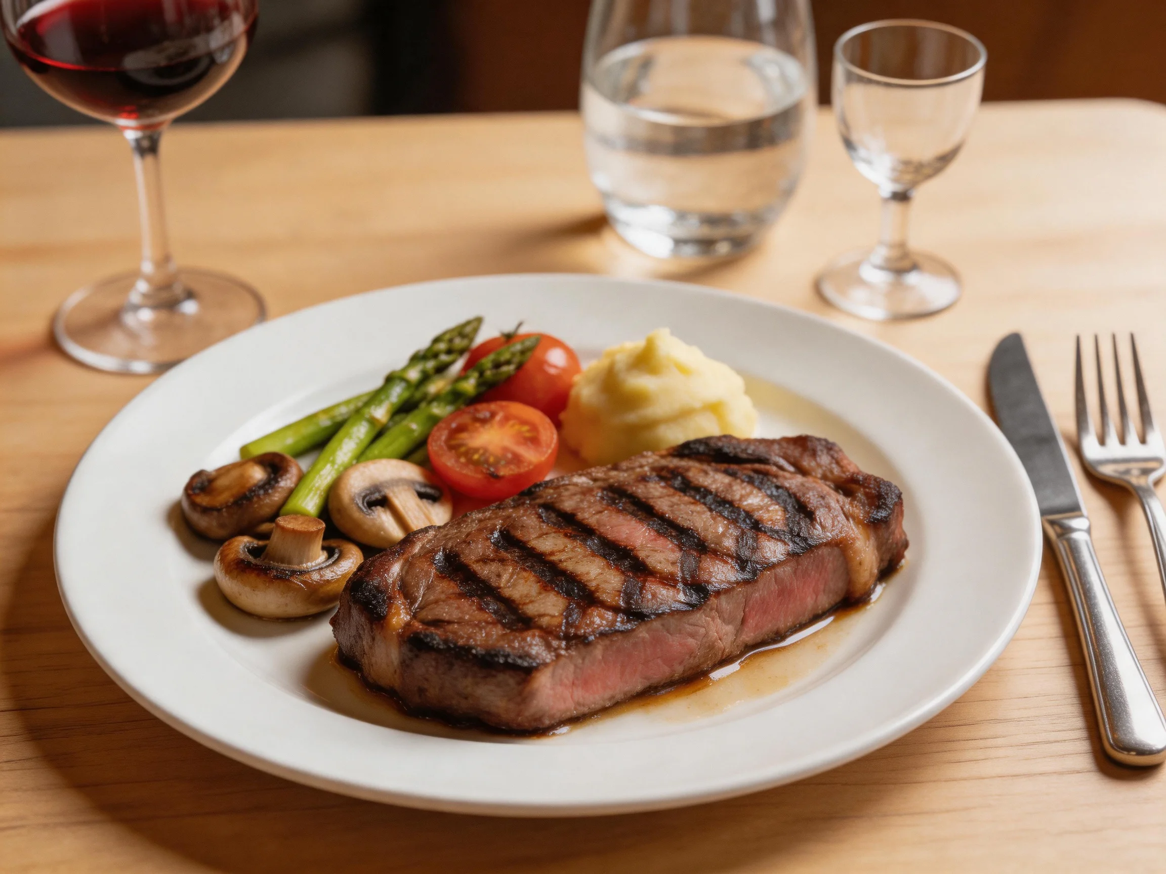A juicy grilled steak meal with vegetables and wine on a wooden table