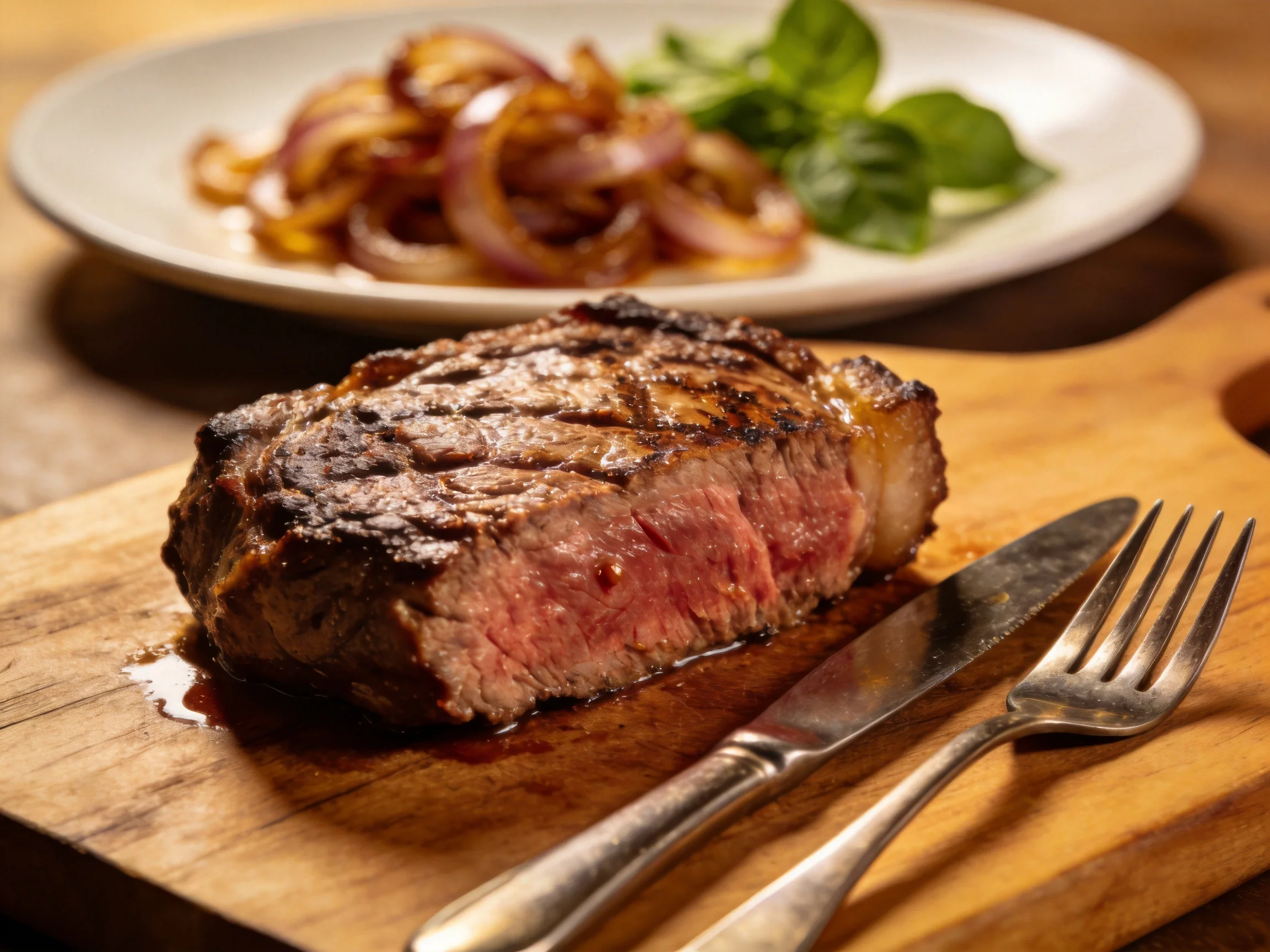 A juicy grilled steak on a wooden board with caramelized onions