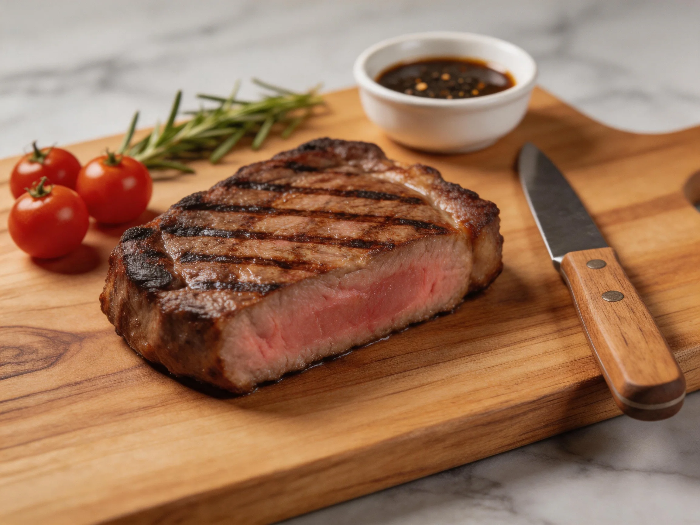 A juicy grilled steak on a wooden cutting board with cherry tomatoes and rosemary