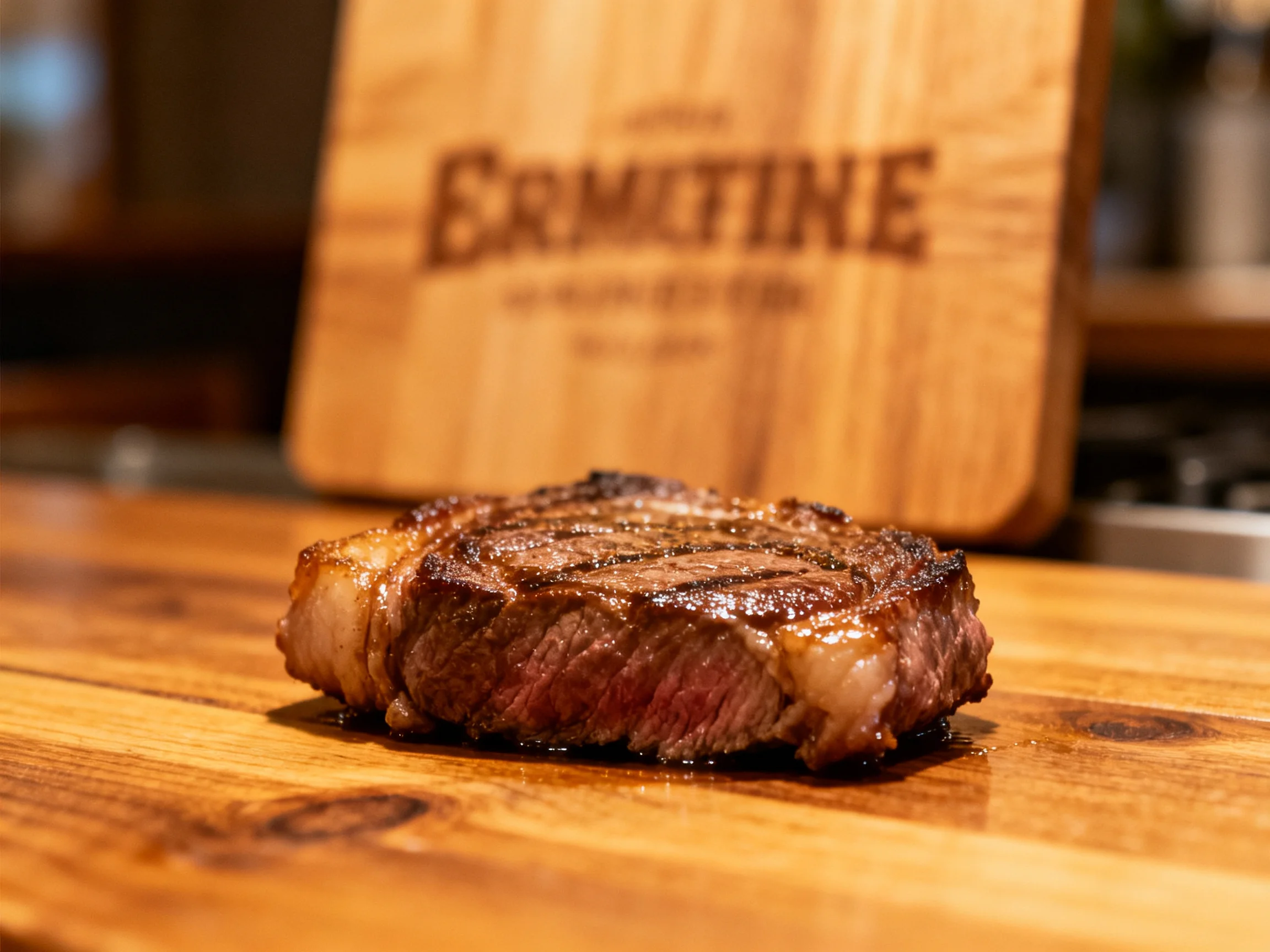 A juicy grilled steak on a wooden surface beside an Ermitine branded board