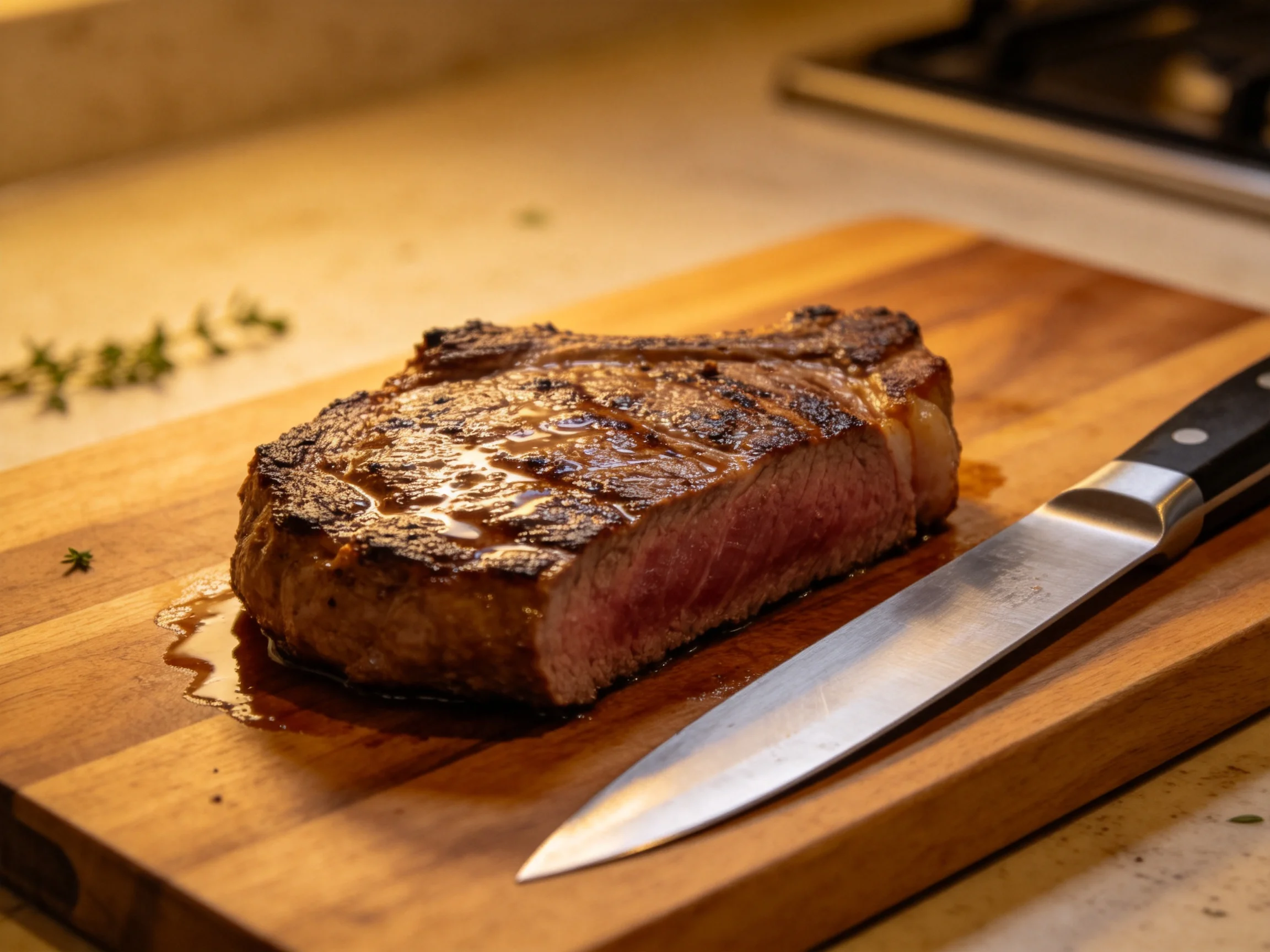 A juicy grilled steak rests on a wooden cutting board beside a chef’s knife