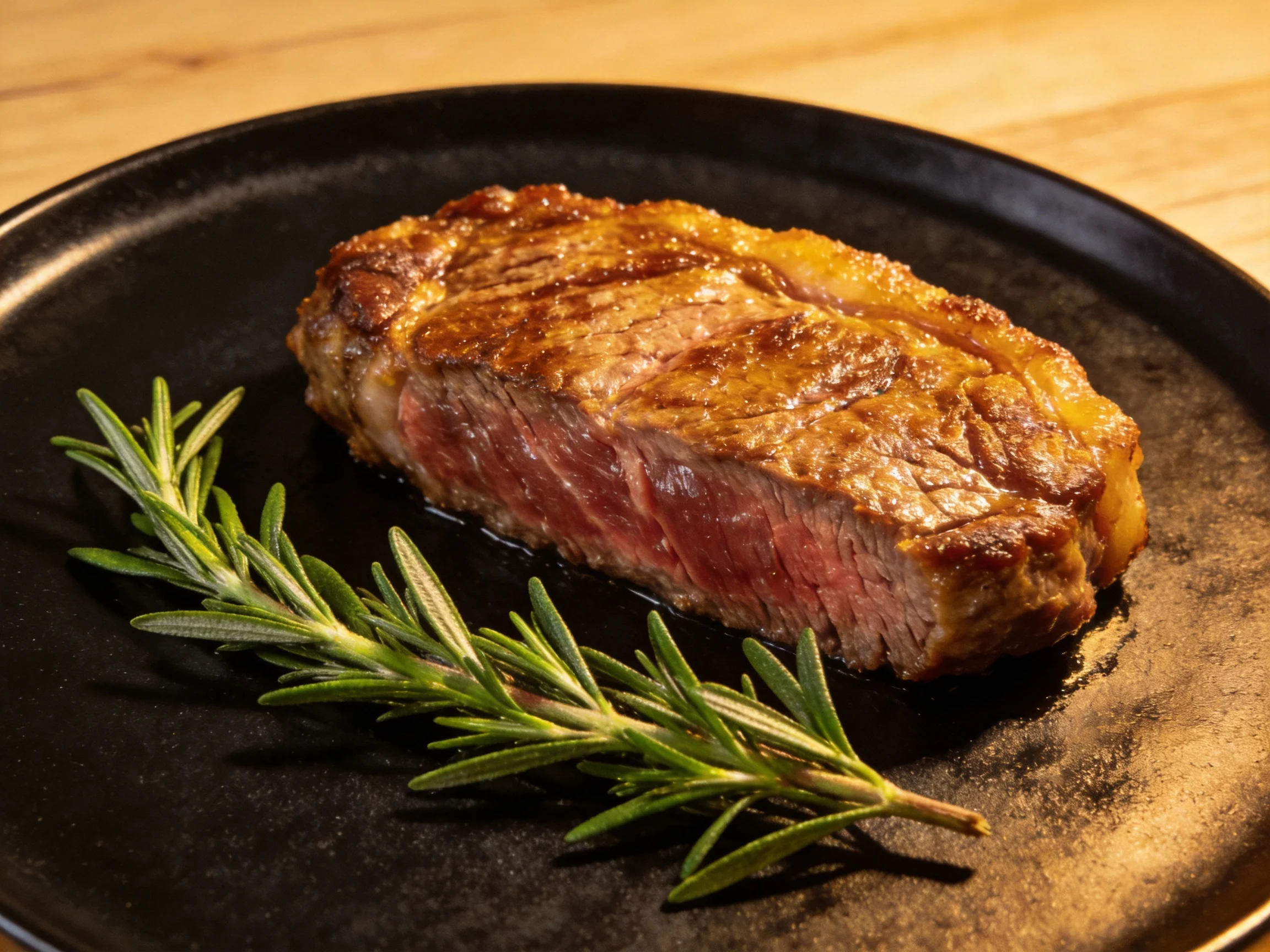 A juicy grilled steak served on a black plate with fresh rosemary
