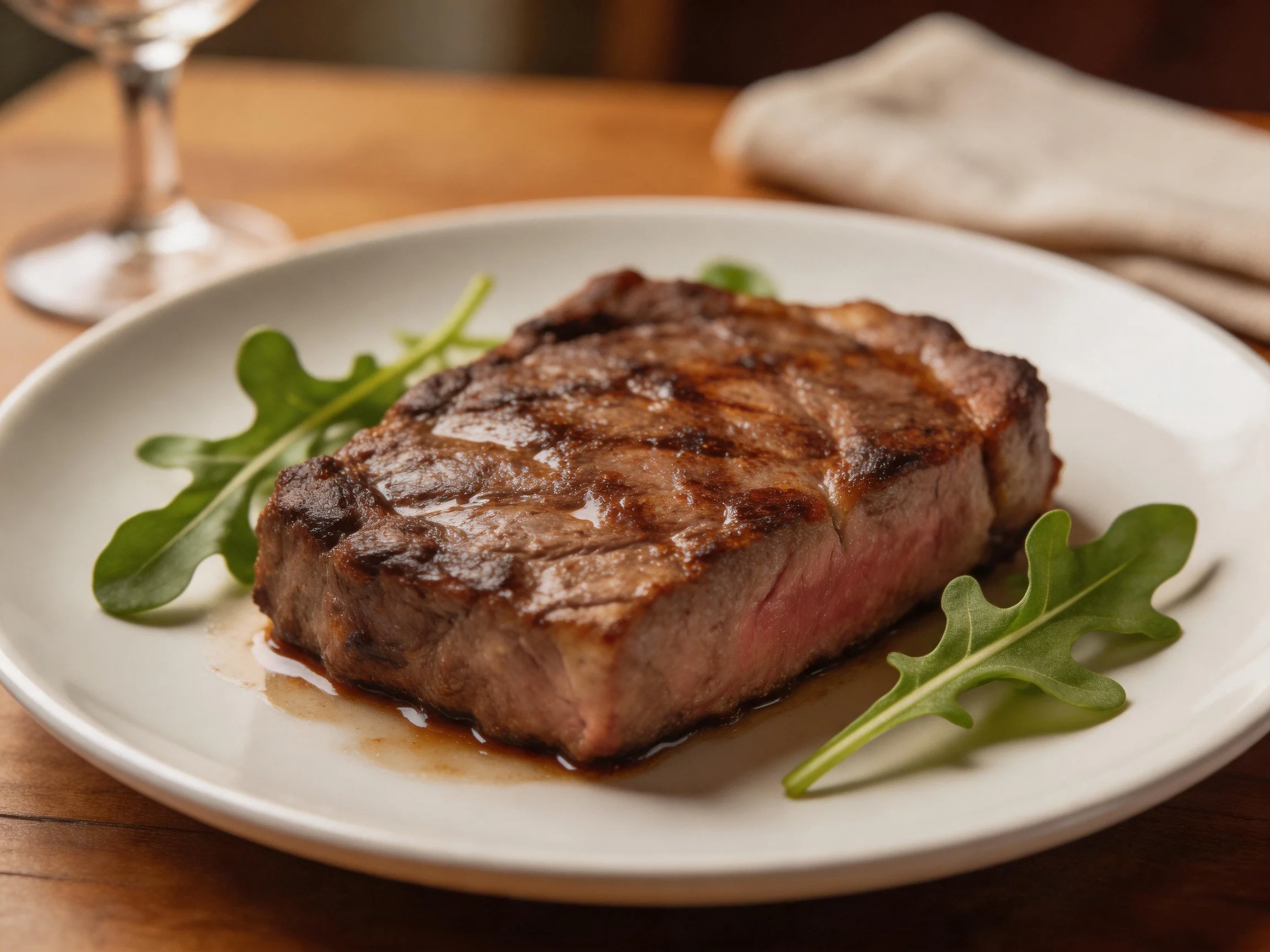 A juicy grilled steak served with arugula on a white plate
