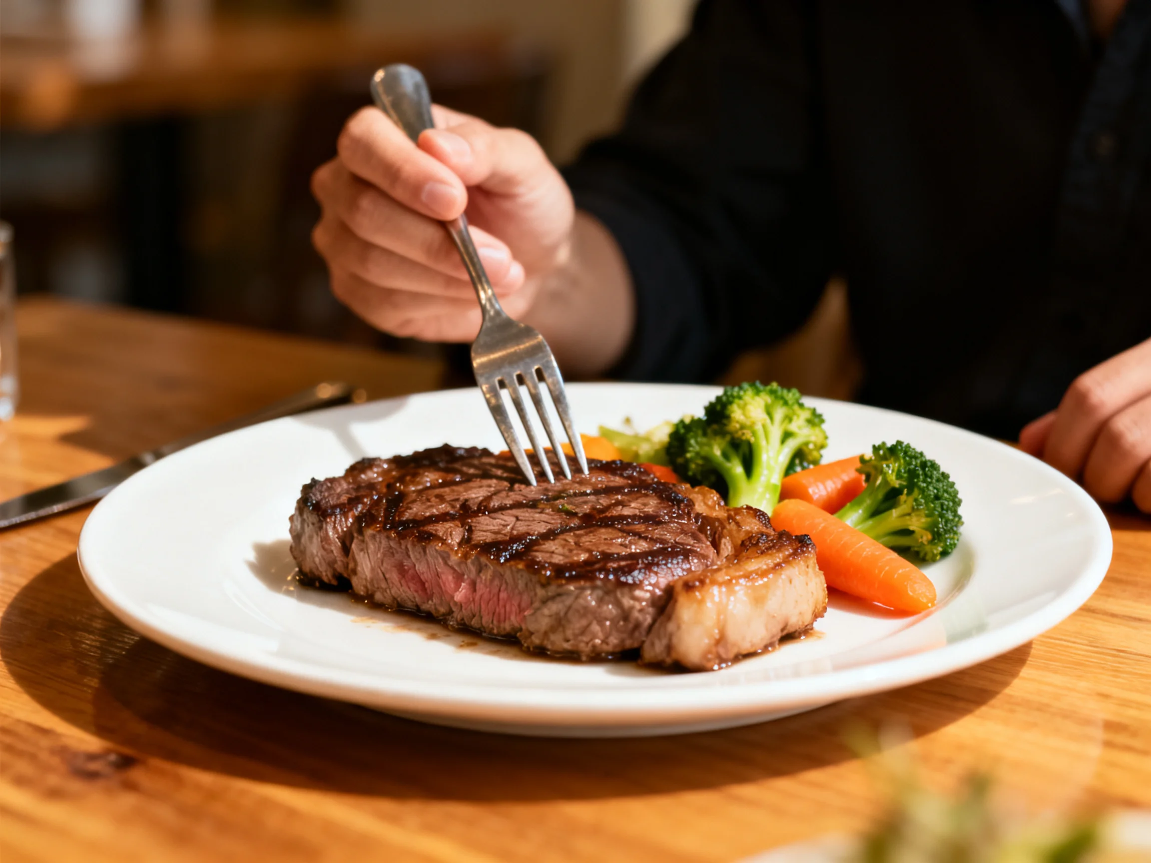 A person uses a fork to cut into a grilled steak accompanied by vegetables on a white plate.