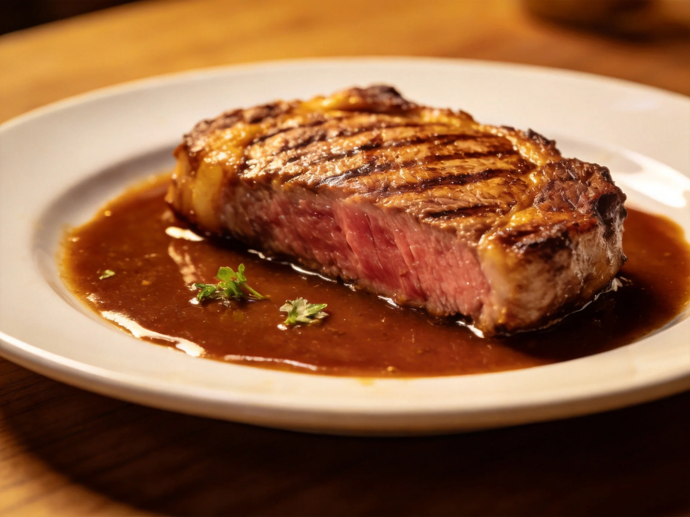 A juicy grilled steak served with brown sauce ona white plate