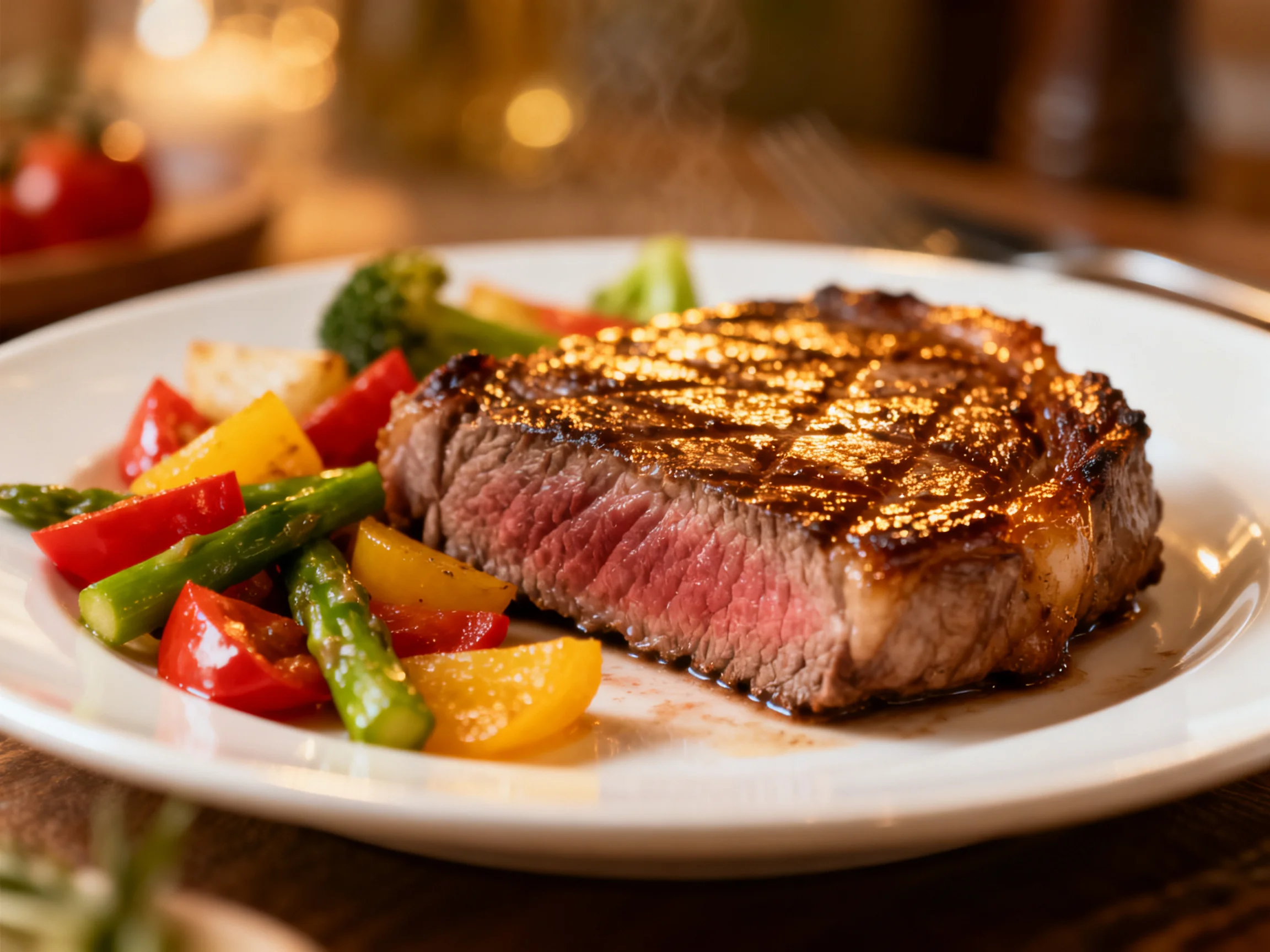 A grilled steak is served with mixed vegetables on a white plate.