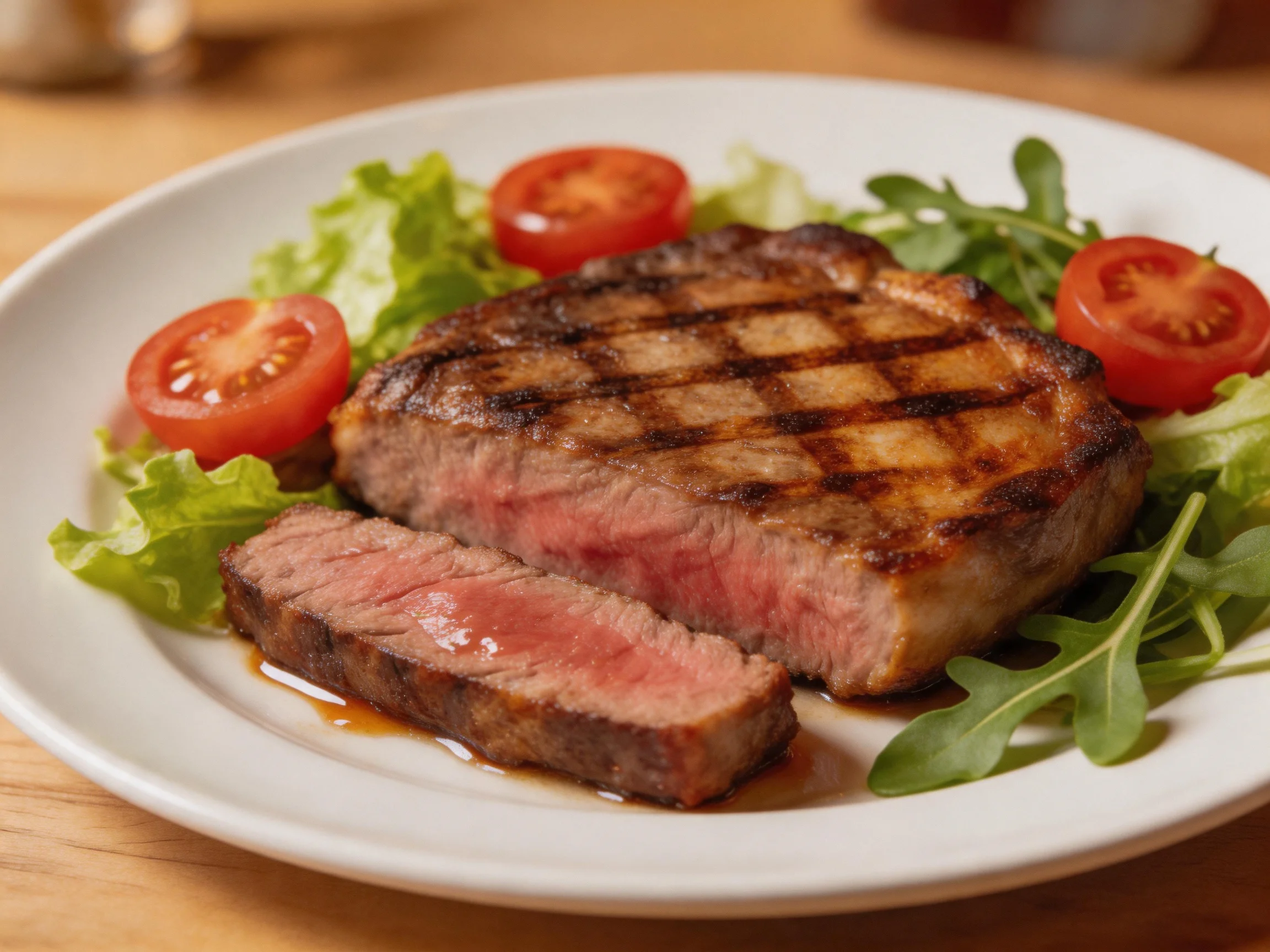 A juicy grilled steak served with fresh lettuce and cherry tomatoes