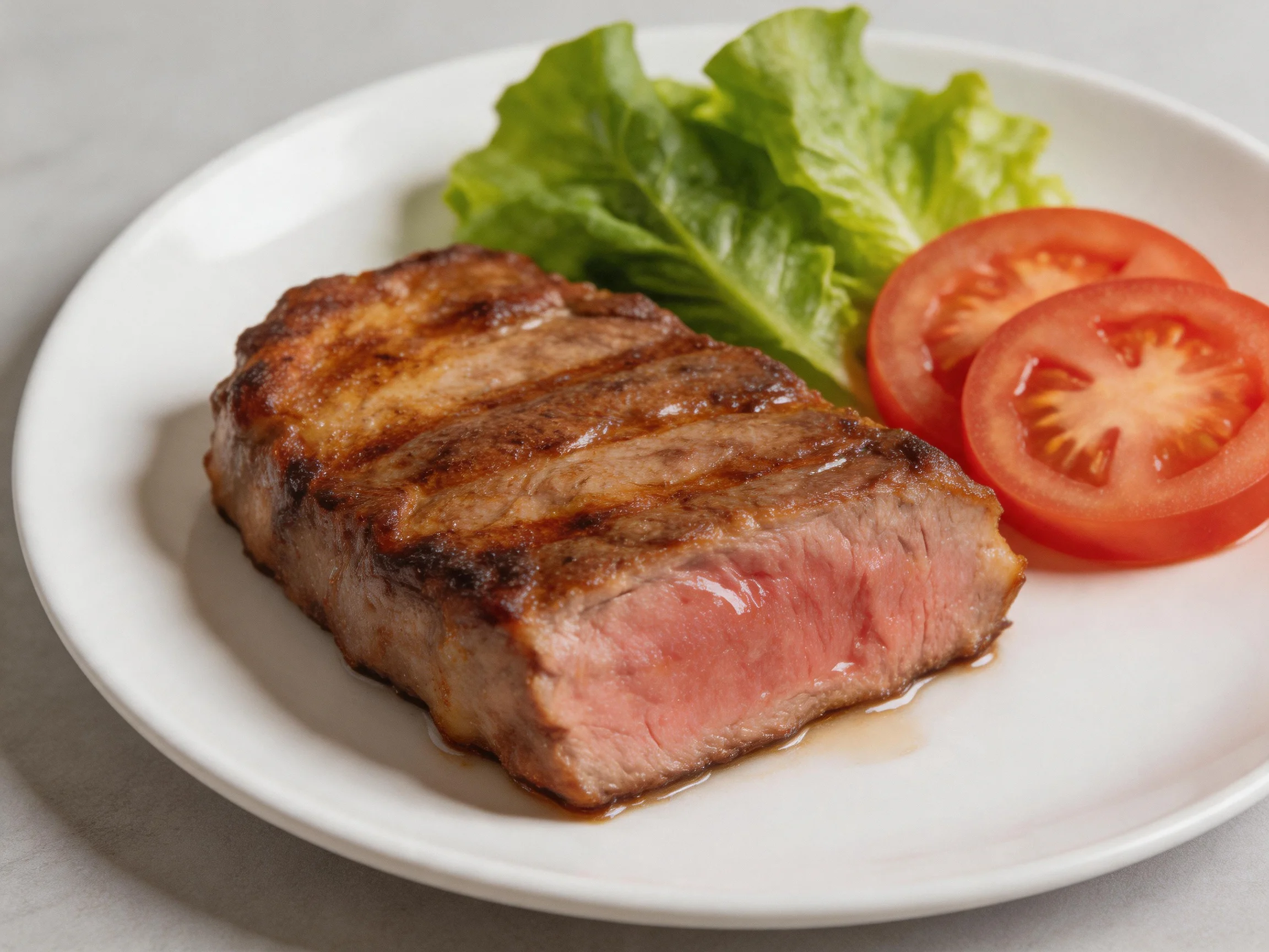 A juicy grilled steak served with fresh lettuce and tomato slices
