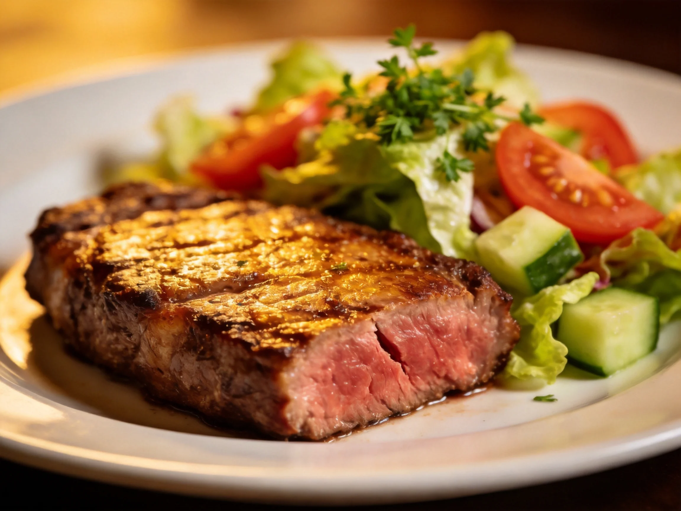 A juicy grilled steak served with fresh mixed greens and vegetables