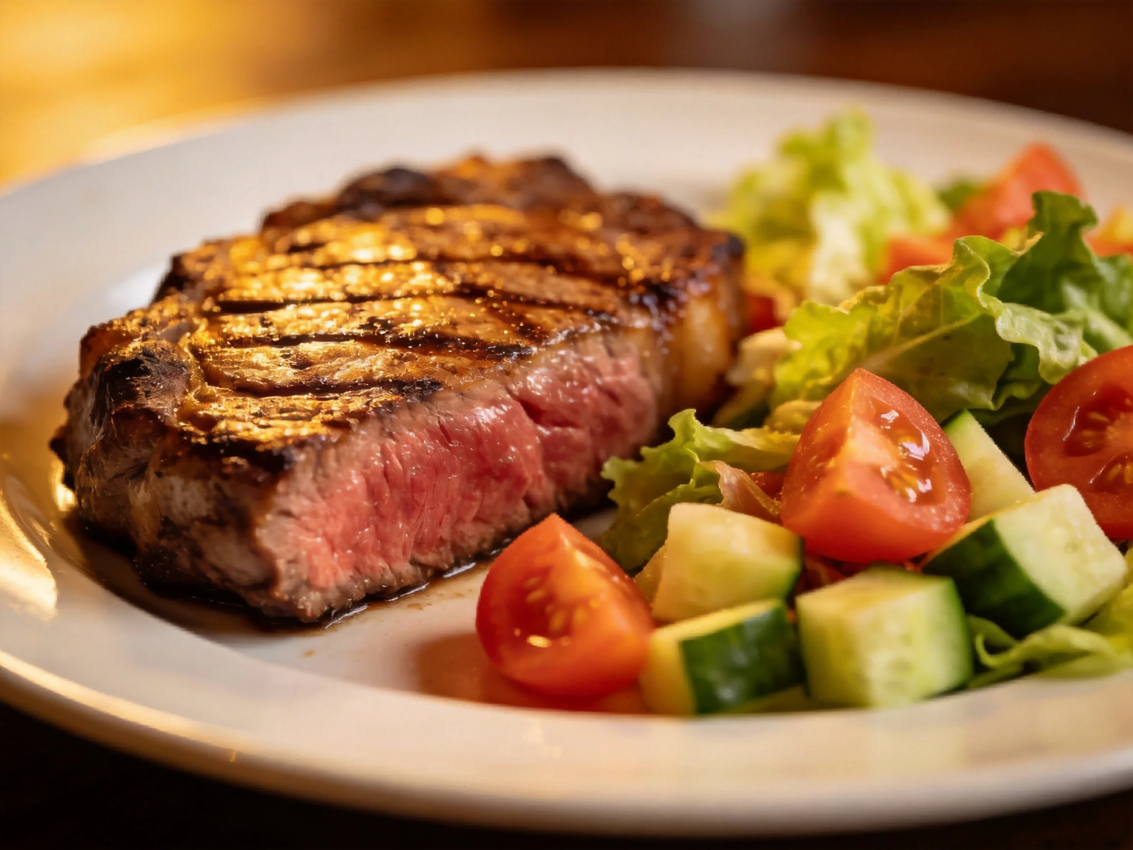 A juicy grilled steak served with fresh tomato cucumber salad