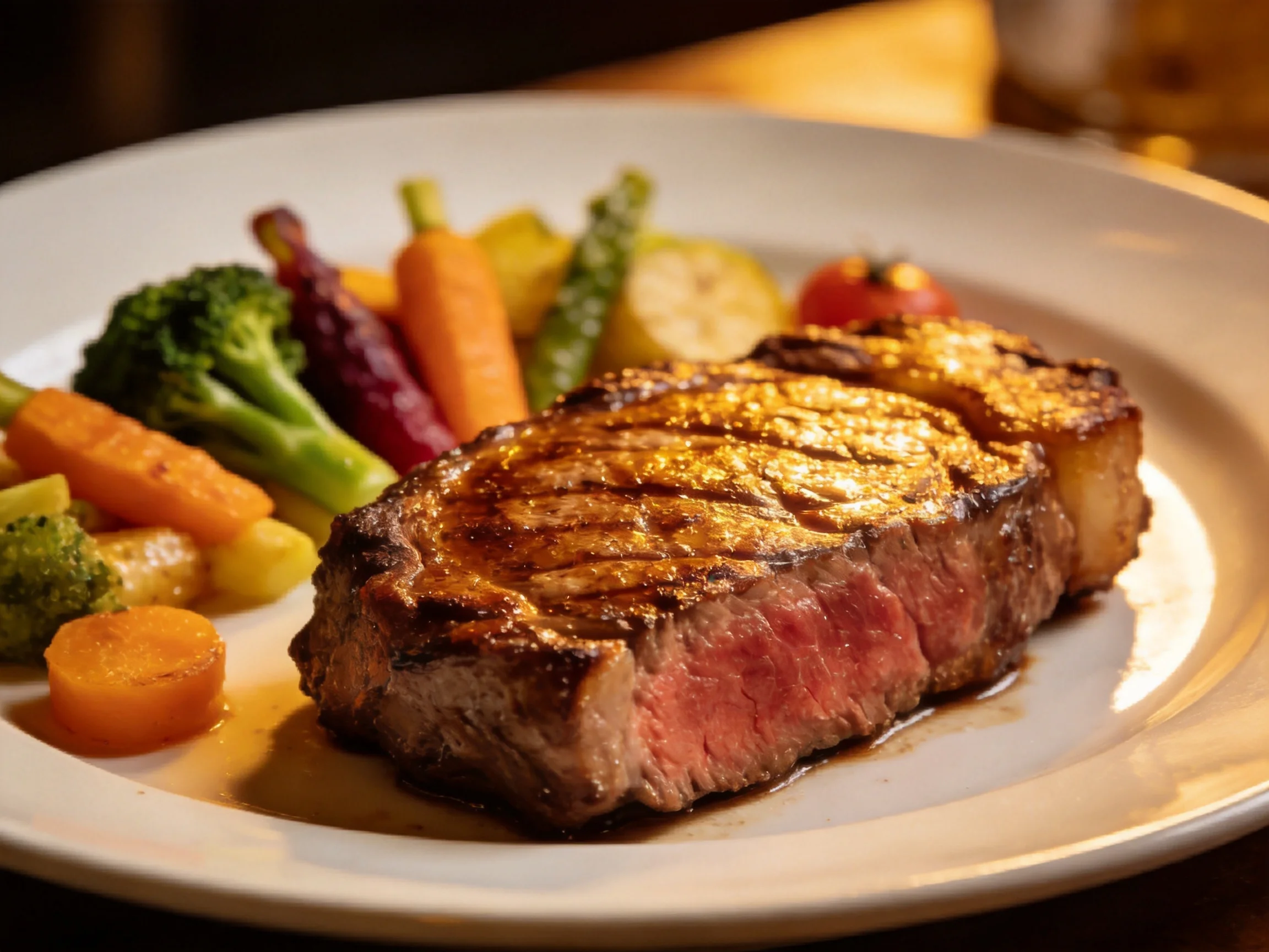 A juicy grilled steak served with mixed roasted vegetables