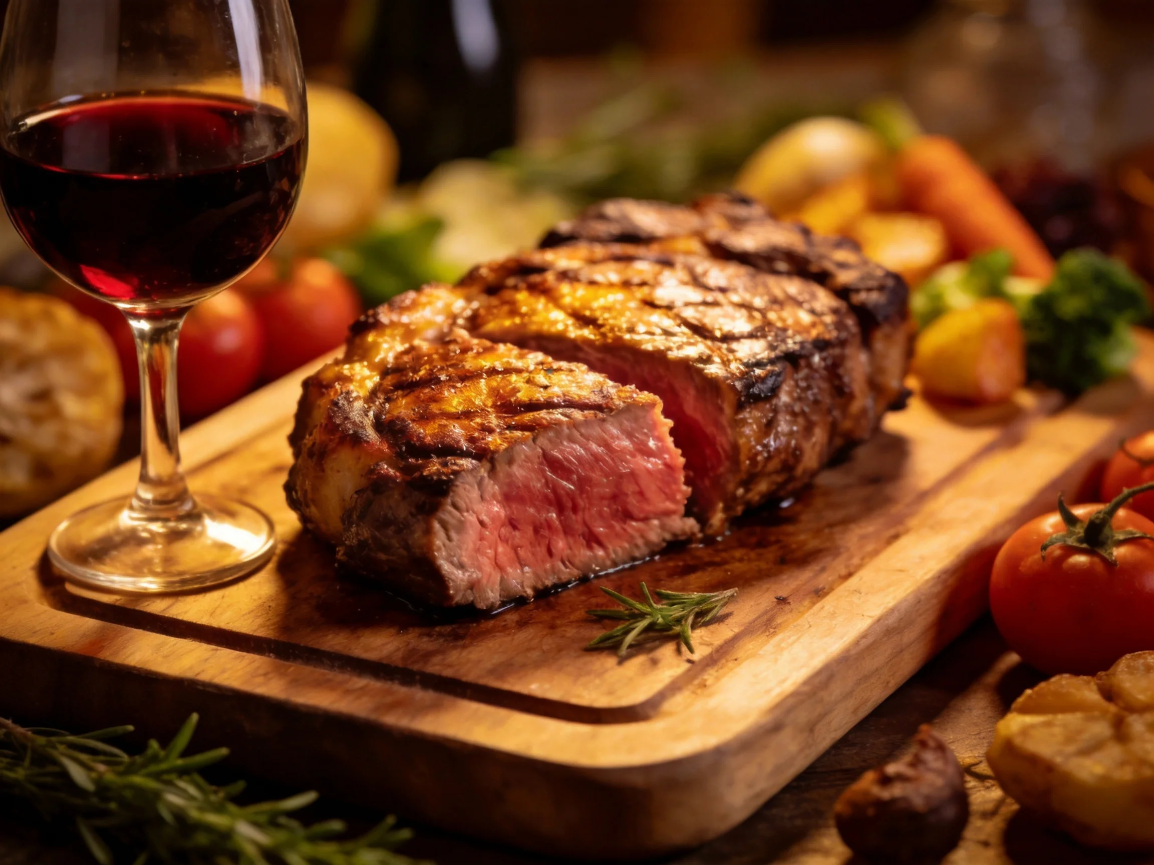 A juicy grilled steak served with red wine and fresh vegetables