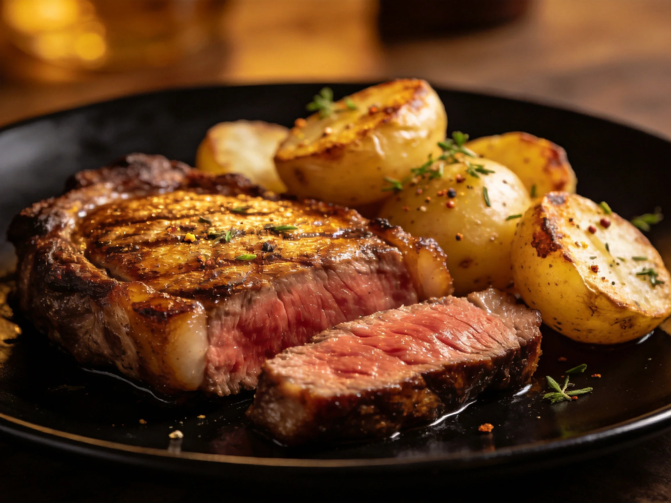 A juicy grilled steak served with roasted potato halves garnished with herbs